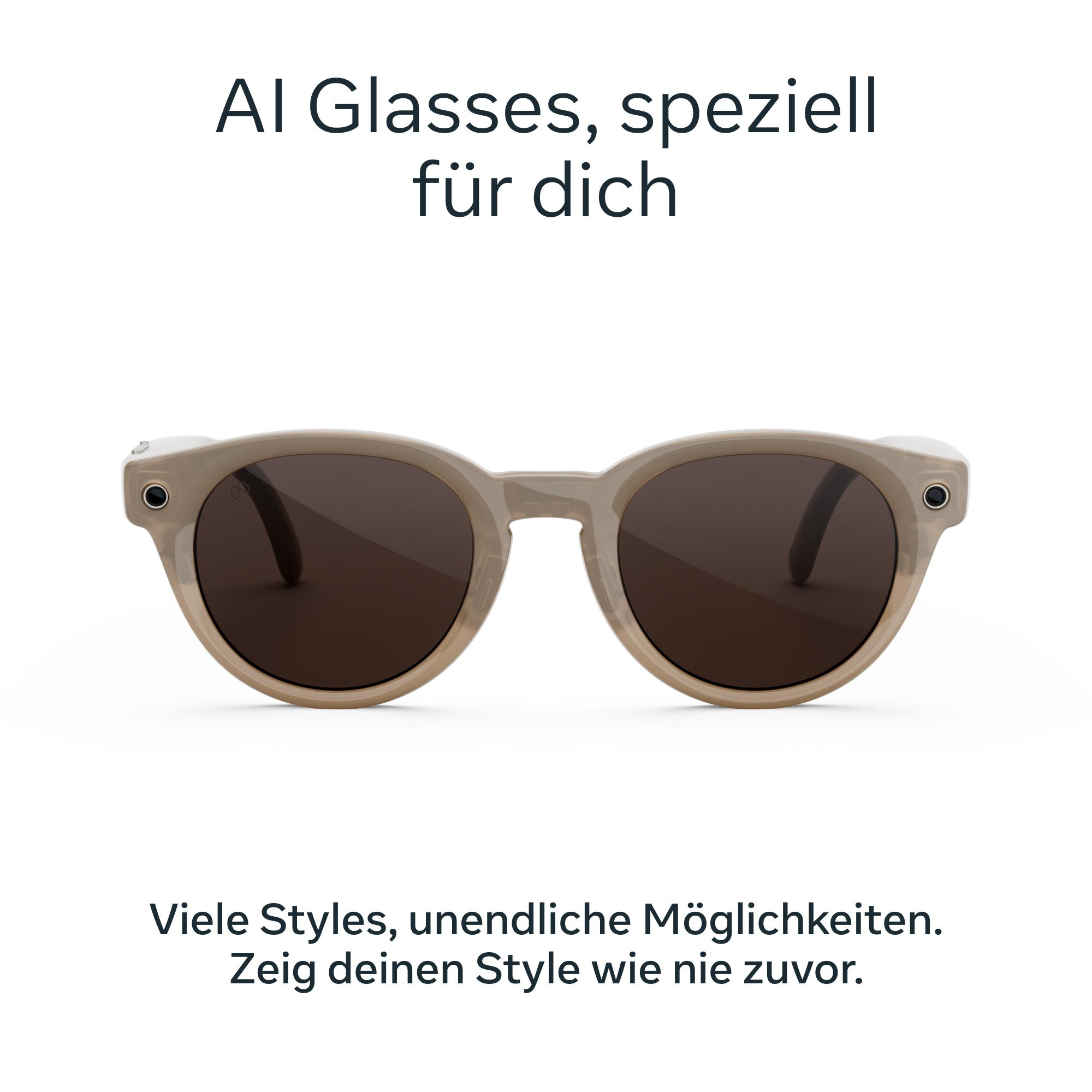 Beige AI-Sonnenbrille mit runden Gläsern und Text auf weißem Hintergrund.