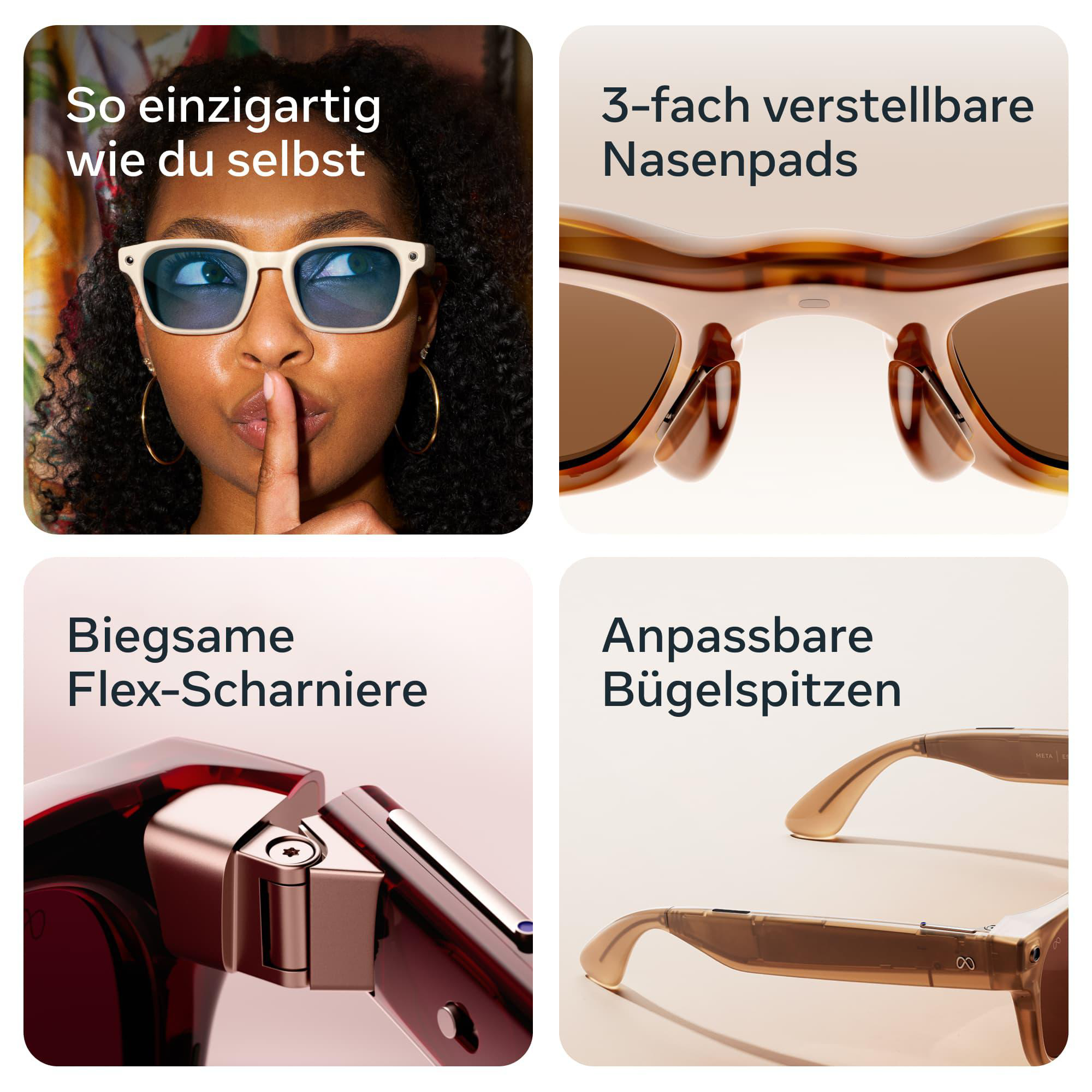 Vier Bilder zeigen Brillenfeatures: eine Frau mit Sonnenbrille, verstellbare Nasenpads, Flex-Scharniere und Bügelspitzen.