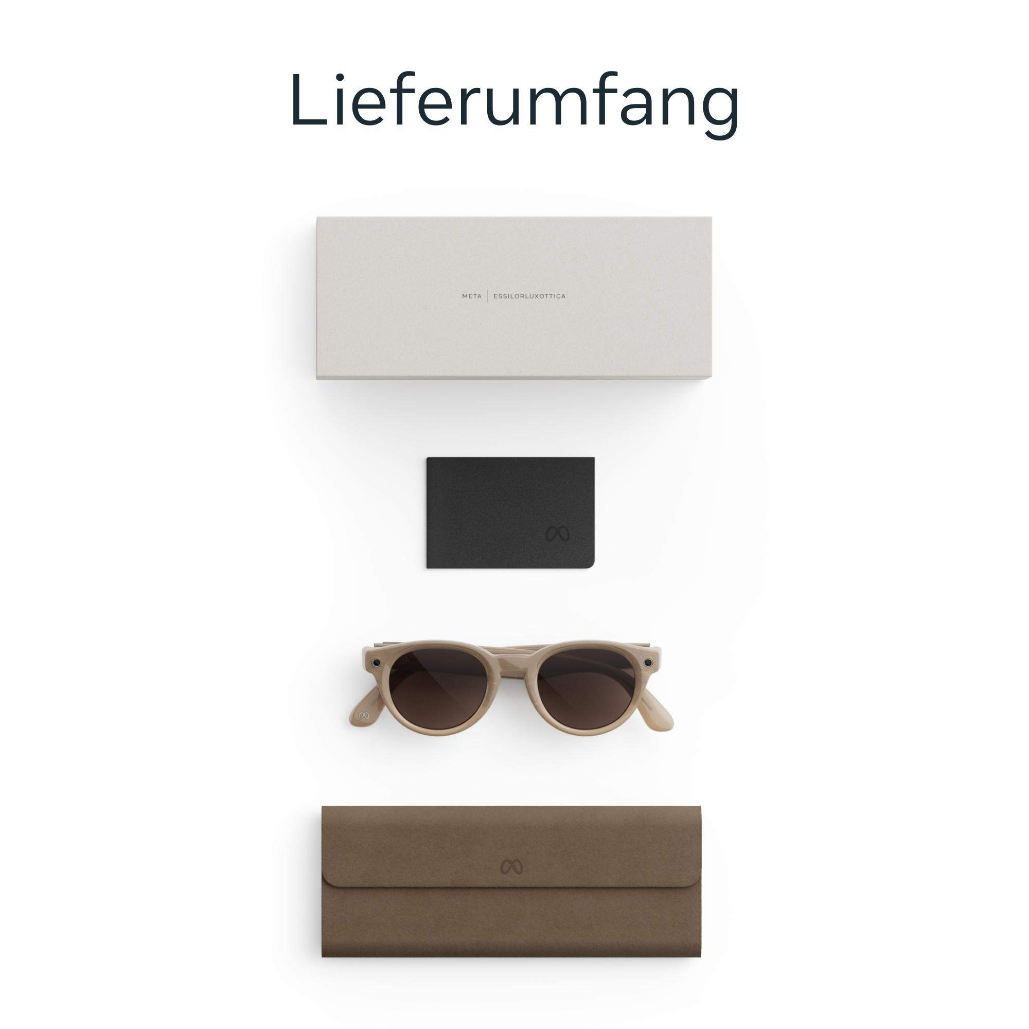 Flache Ansicht von Zubehör auf weißem Hintergrund, darunter Brille, Hülle, Etui und Schachtel.