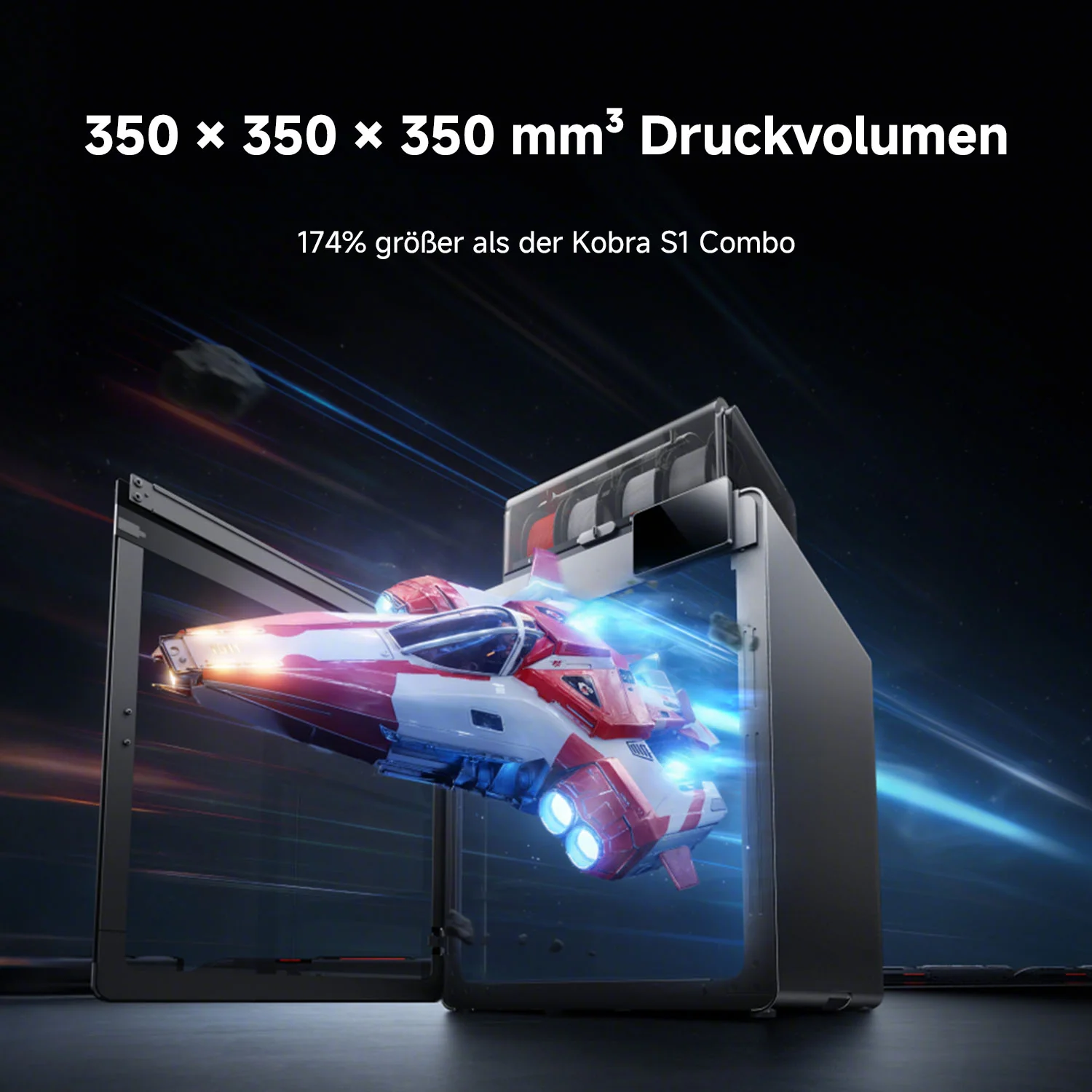 Egy nagy nyomtatasi terfogatu 3D nyomtato egy piros es feher sci-fi uralhajot indit.