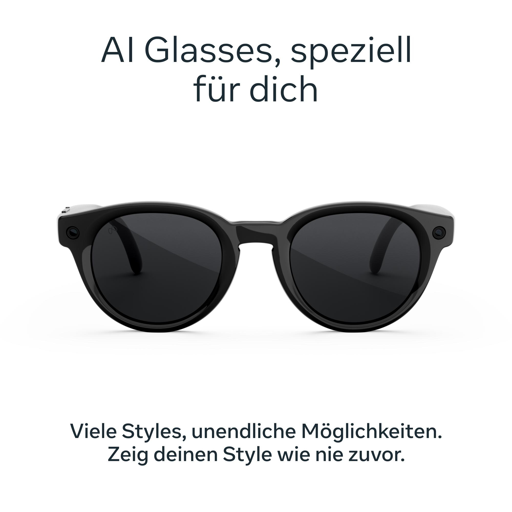 Schwarze KI-Sonnenbrille vor weißem Hintergrund mit Text auf Deutsch.
