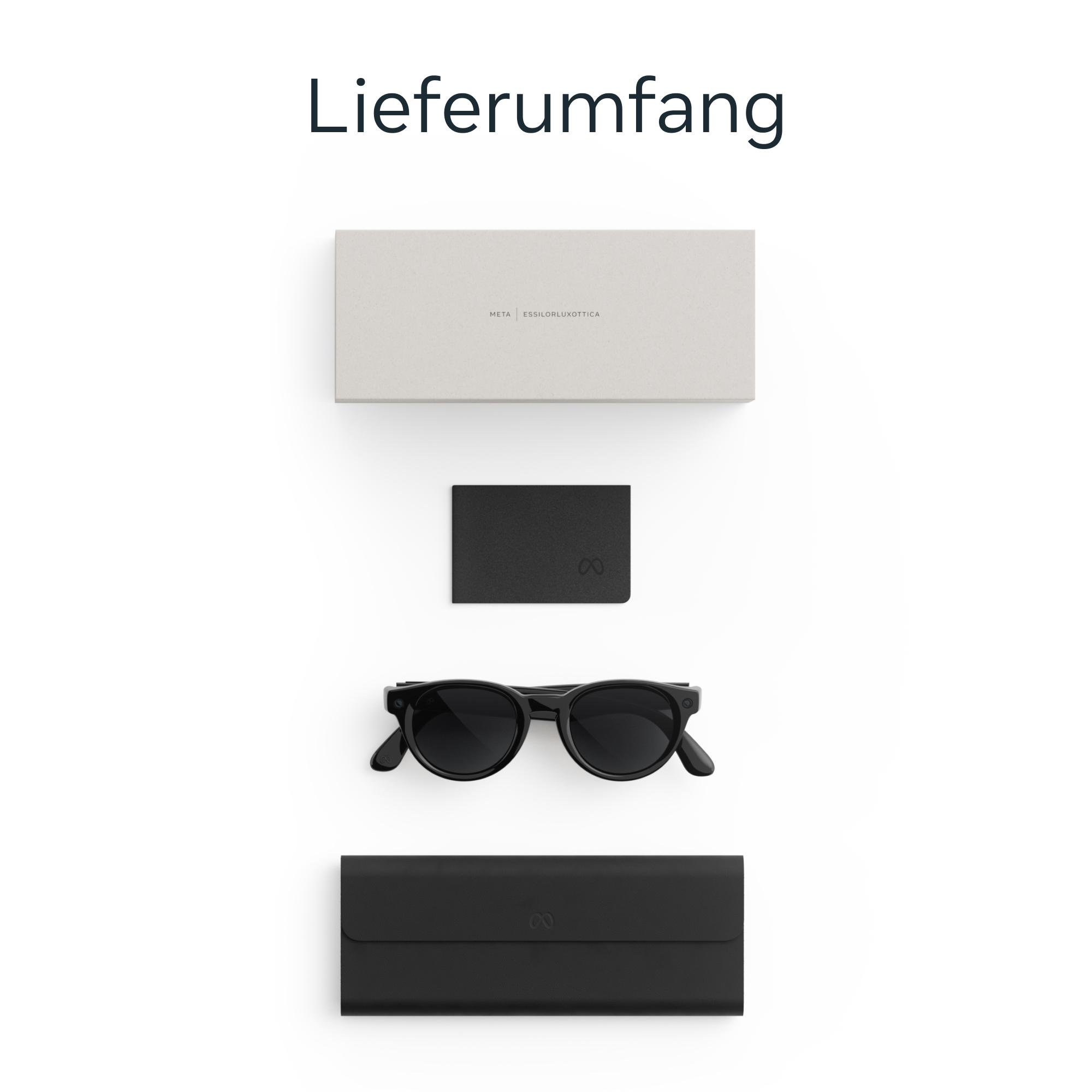 Lieferumfang mit Meta-Brille, schwarzem Etui, Karte und heller Verpackung.