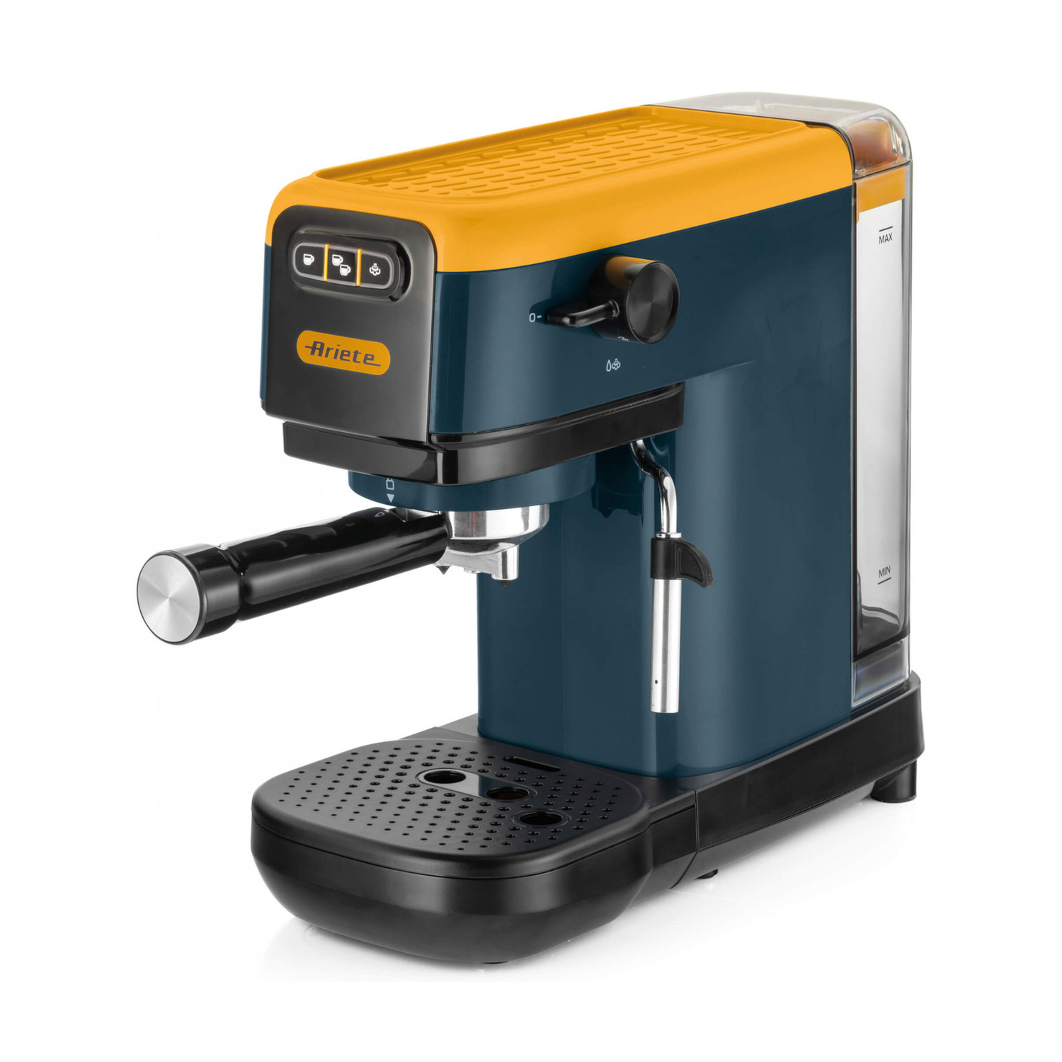 Macchina da caffè espresso Ariete blu e gialla con portafiltro e serbatoio.