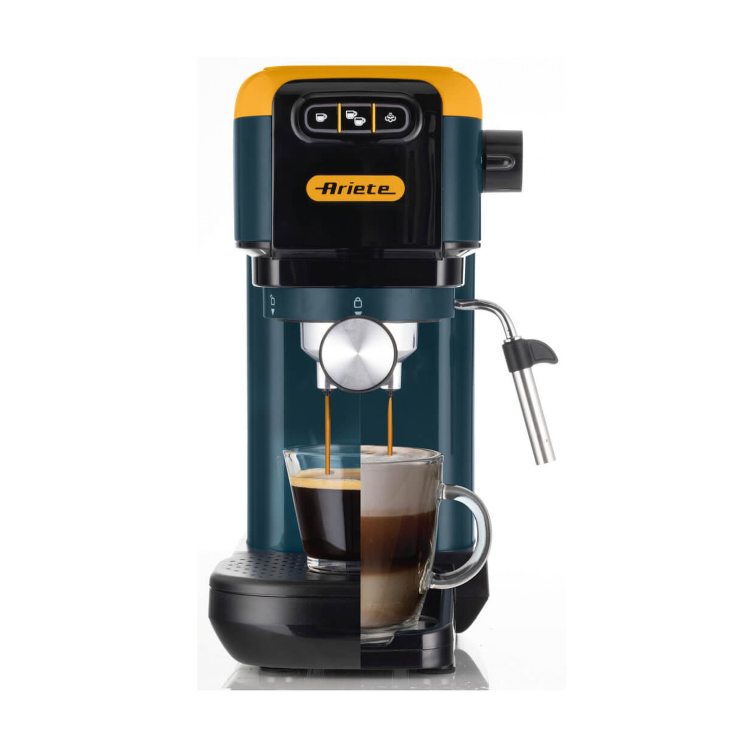 Macchina da caffè espresso Ariete blu con parte superiore gialla, lancia vapore e tazza trasparente con caffè e latte macchiato.
