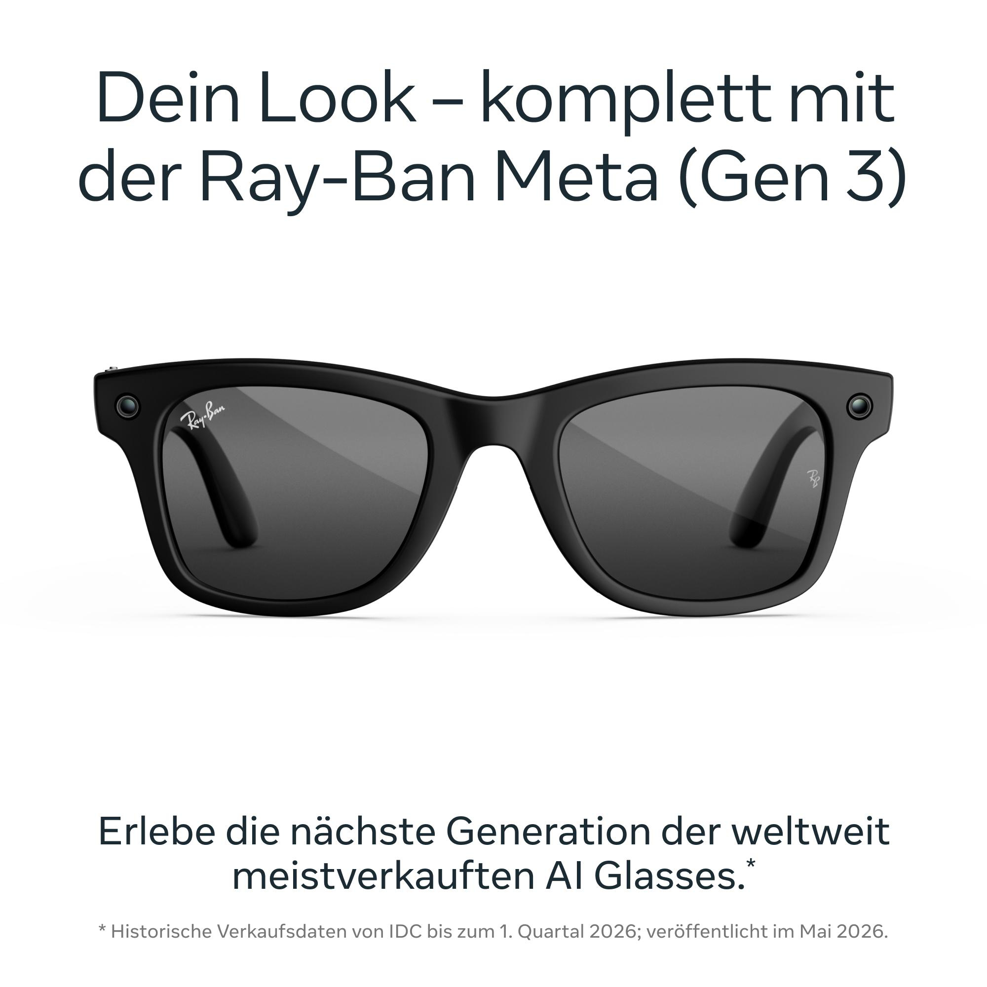 Schwarze Ray-Ban Meta AI-Brille vor weißem Hintergrund mit Text darüber und darunter.