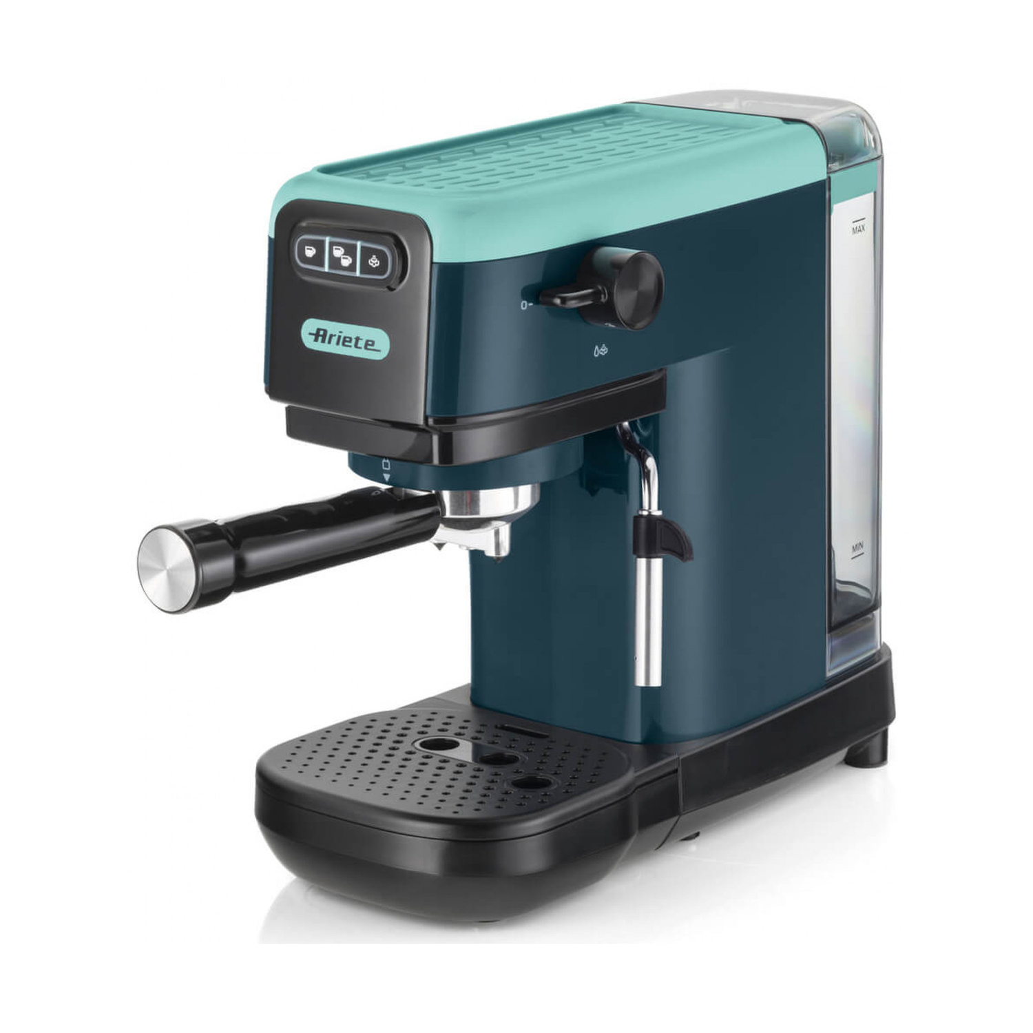 Una macchina da caffè espresso Ariete blu e turchese con manico nero e serbatoio d'acqua su sfondo bianco.