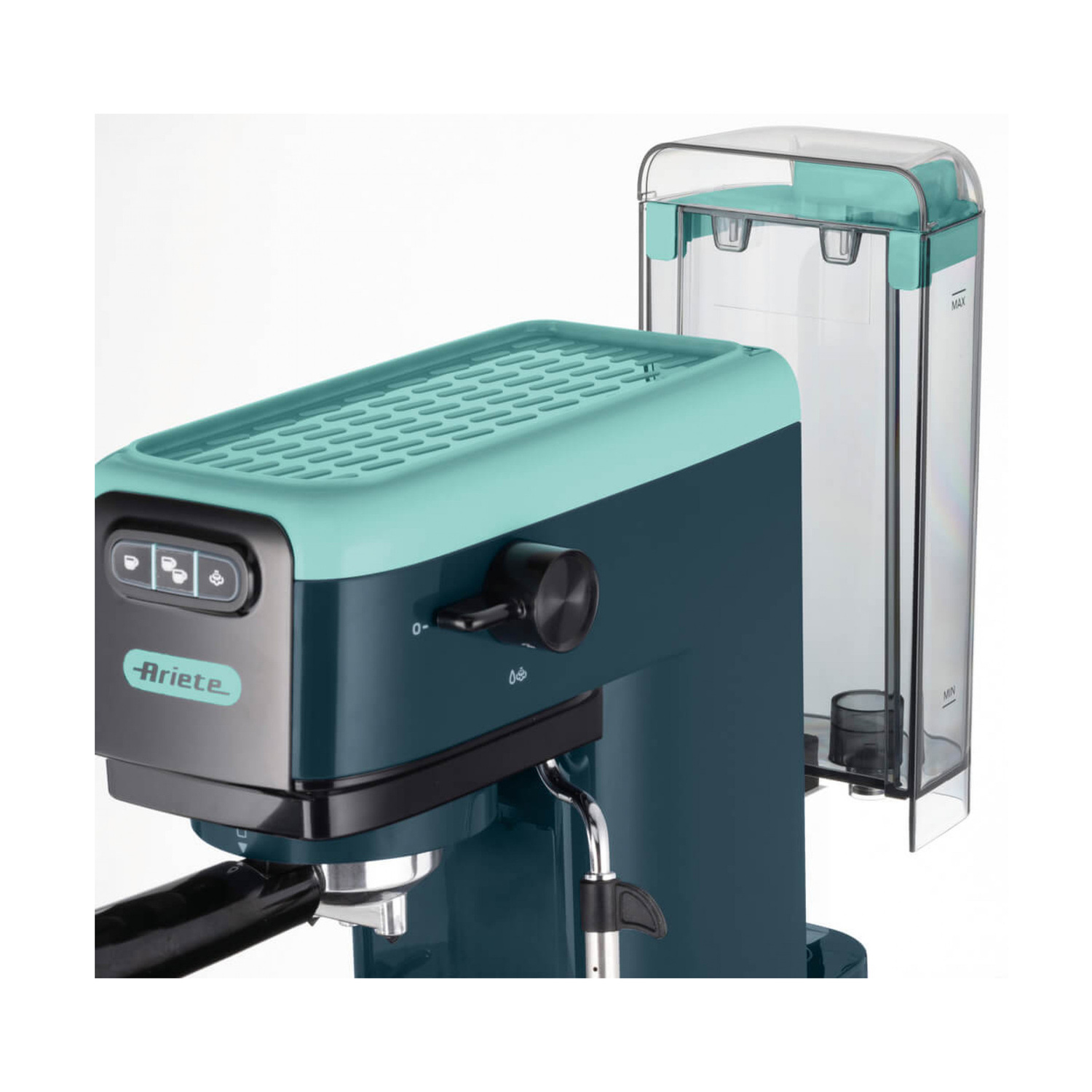Una macchina da caffè Ariete verde acqua e blu scuro con serbatoio trasparente.