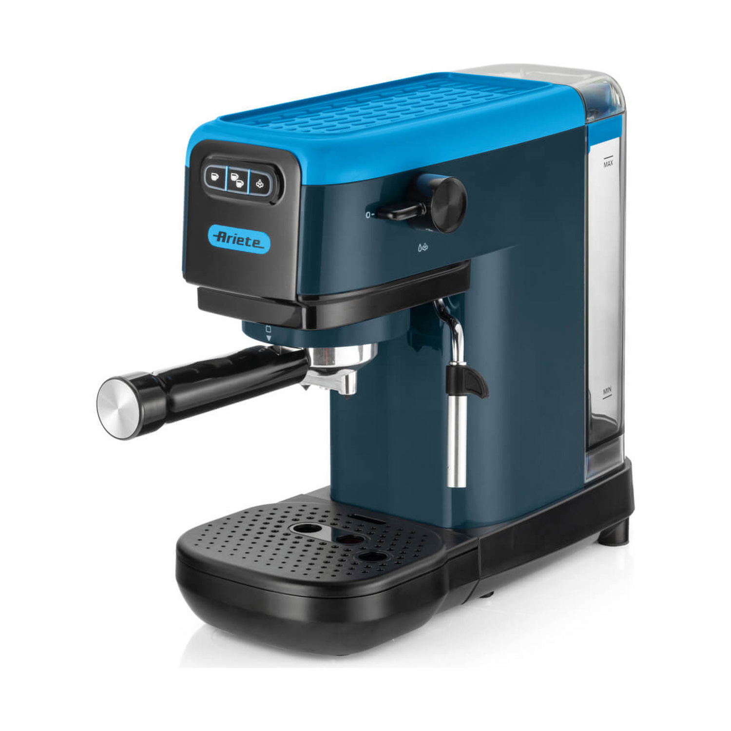 Macchina per espresso Ariete blu e nera con portafiltro e vassoio.