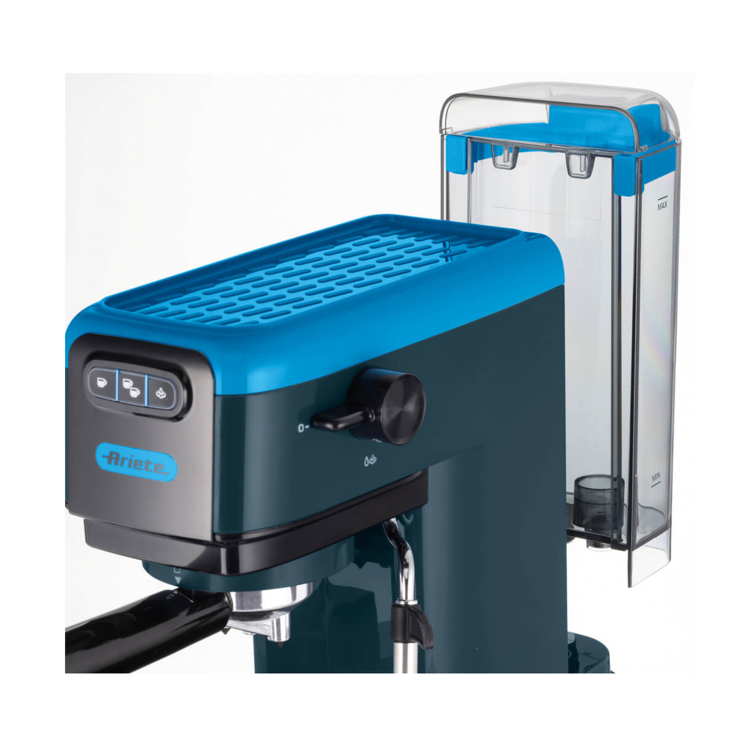 Una moderna macchina da espresso Ariete blu e verde scuro con serbatoio trasparente su sfondo bianco.