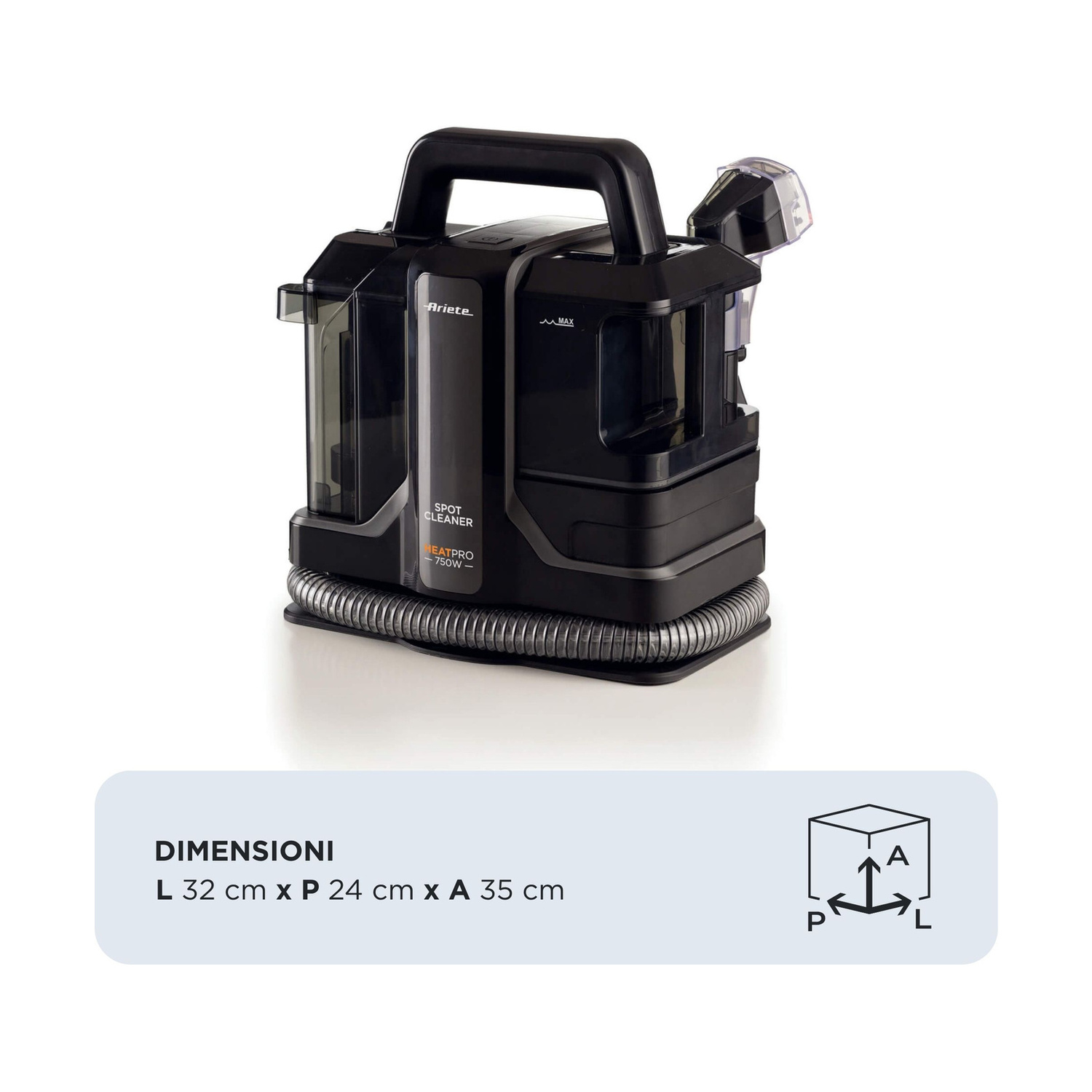 Pulitore Ariete Spot Cleaner nero con dimensioni 32x24x35 cm su sfondo bianco.