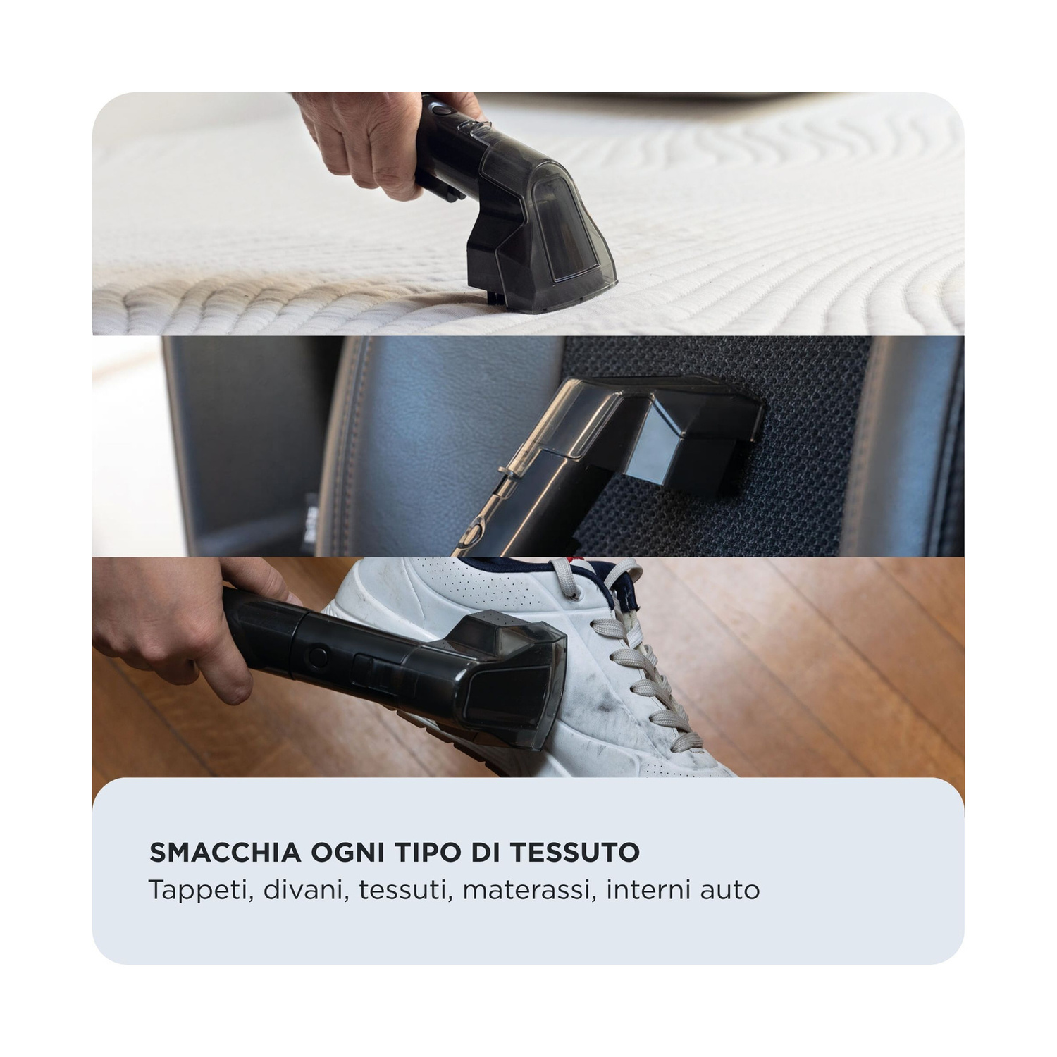 Pulitore manuale rimuove macchie da materassi, sedili auto e scarpe.