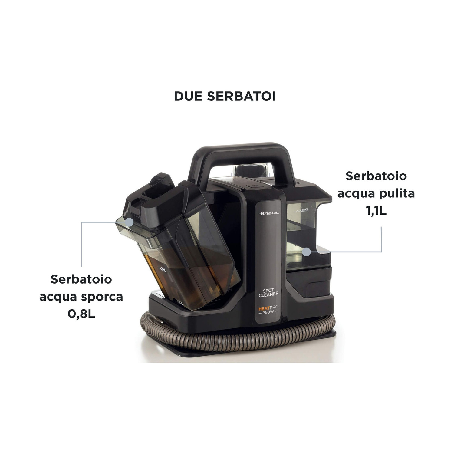 Pulitore di macchie nero con due serbatoi: 0,8L per acqua sporca e 1,1L per acqua pulita.