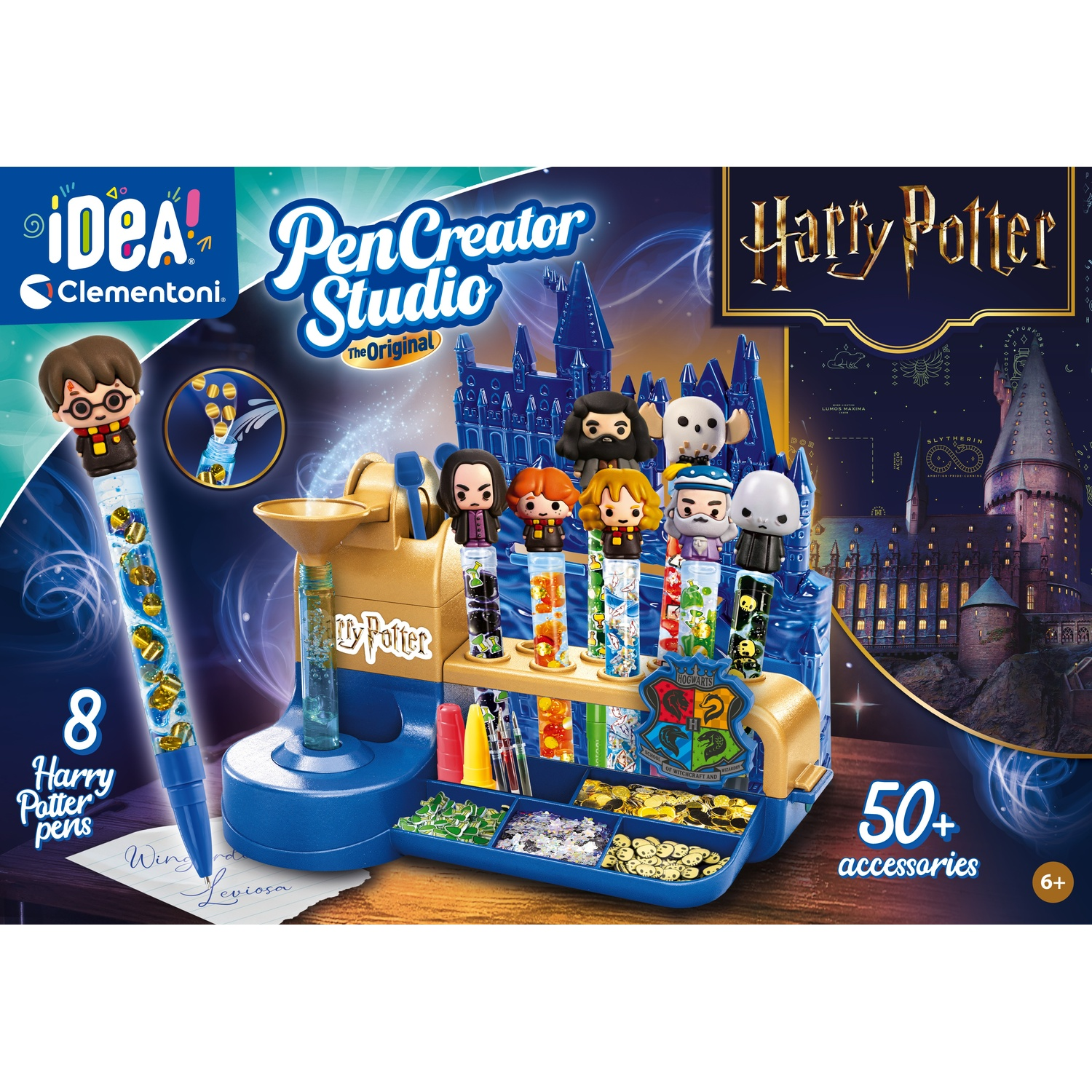 Scatola del giocattolo Harry Potter Pen Creator Studio con stazione blu, penne di personaggi e accessori.
