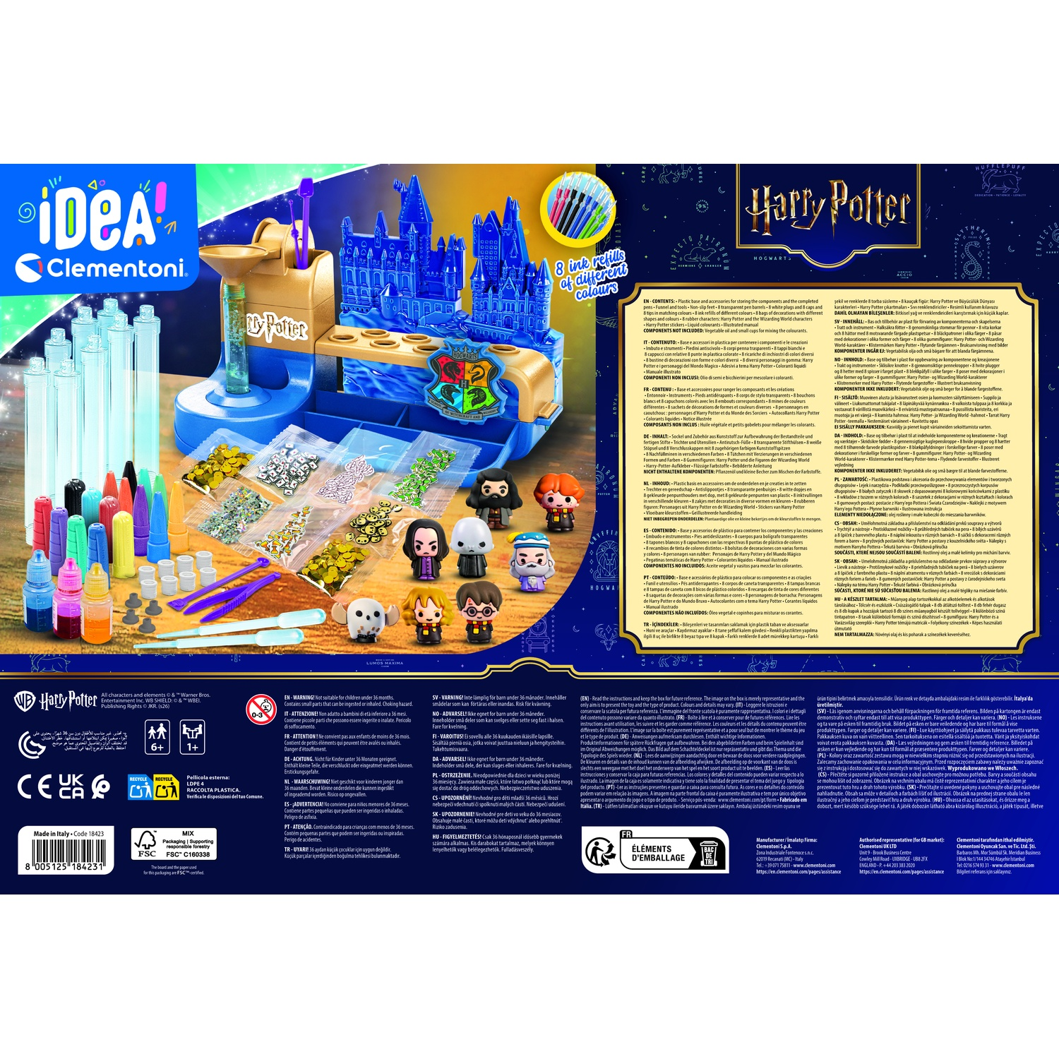Set creativo di Harry Potter Clementoni con penne colorate e castello di Hogwarts.