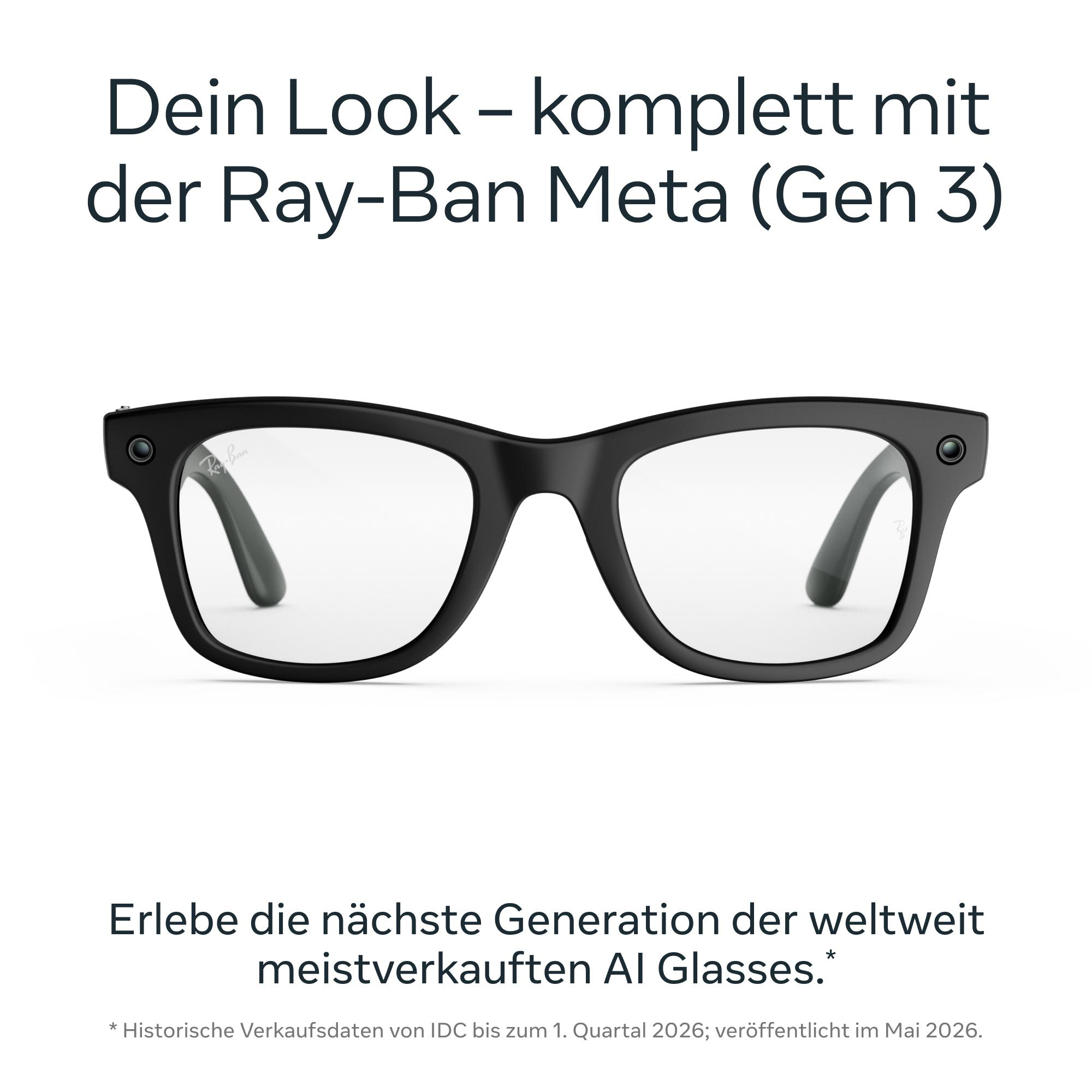 Schwarze Ray-Ban Meta Smart Glasses mit eingebauten Kameras auf weißem Hintergrund und deutschem Werbetext.