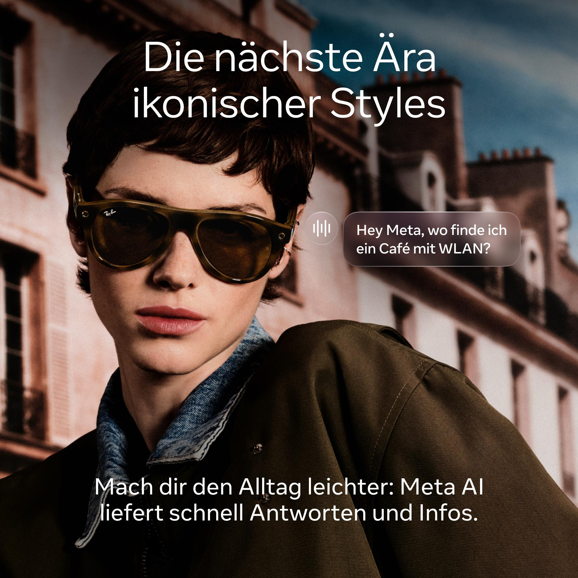 Eine Person mit Sonnenbrille und grüner Jacke vor einem europäischen Gebäude, mit deutschem Werbetext.