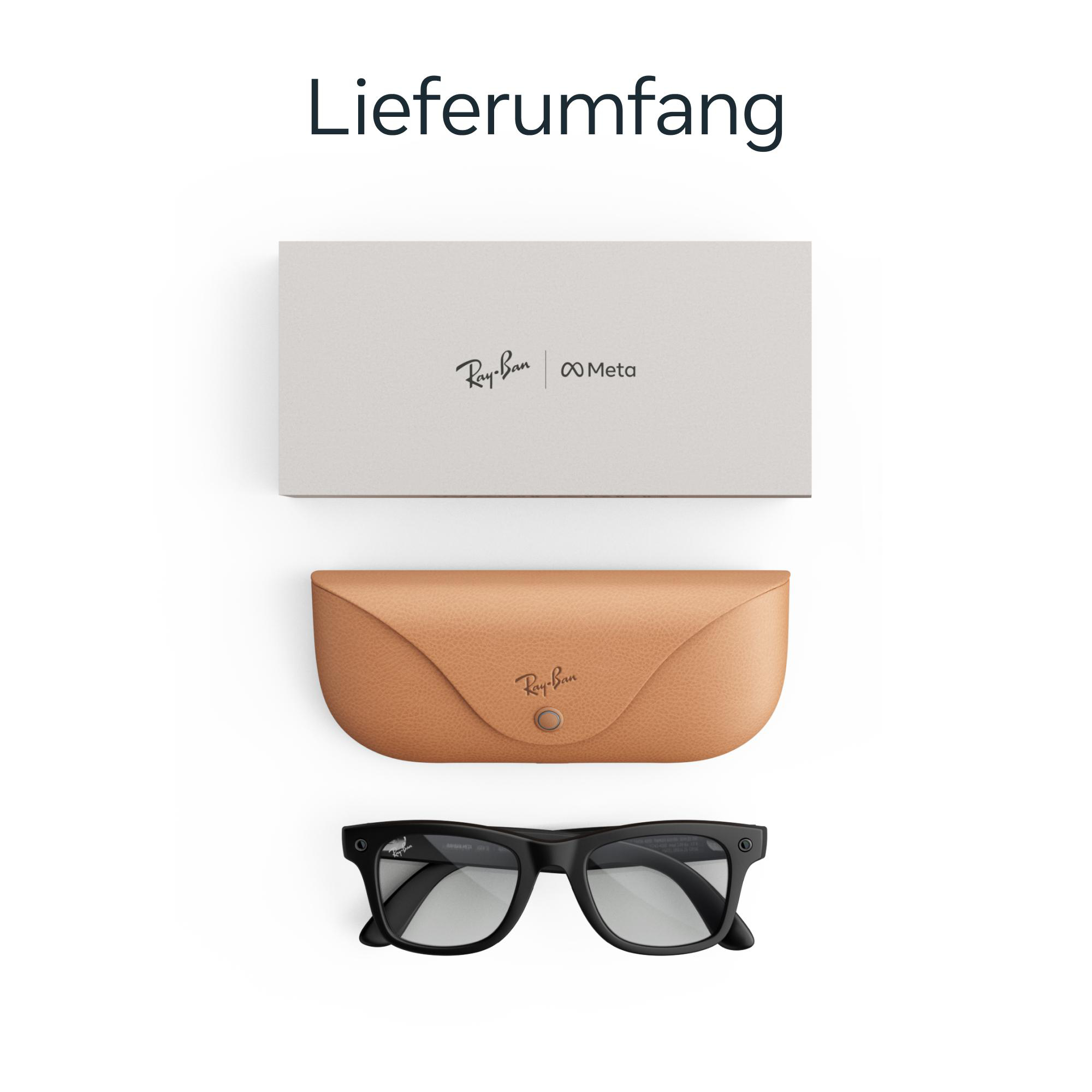 Lieferumfang mit Ray-Ban Meta Brille, braunem Lederetui und grauer Box.