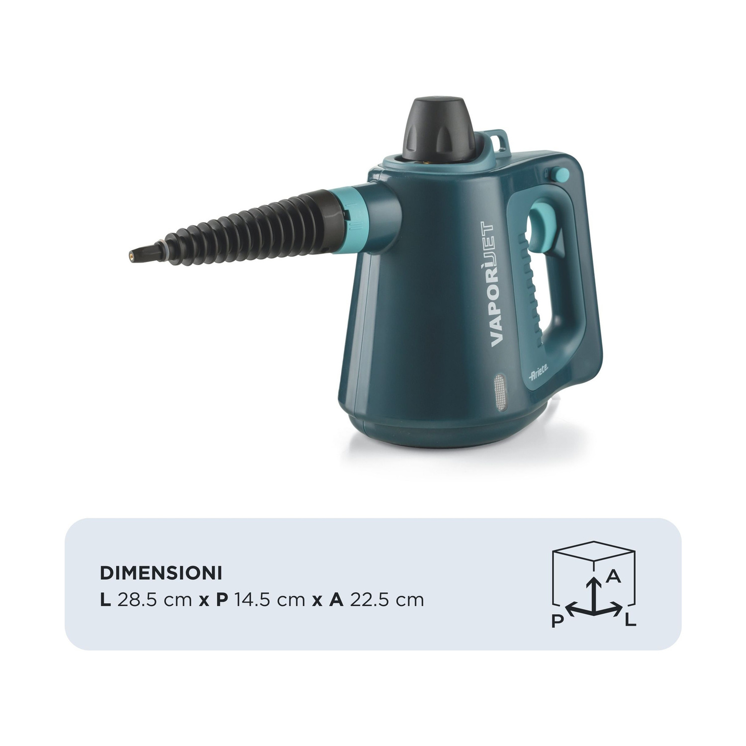 Pulitore a vapore portatile verde scuro con bocchetta nera e dimensioni 28,5x14,5x22,5 cm.