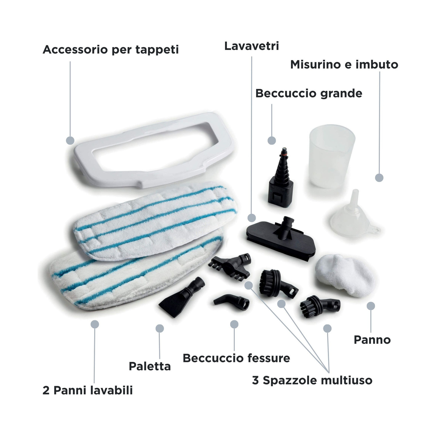 Accessori per pulitore a vapore tra cui panni, bocchette e imbuto disposti su fondo bianco con etichette.