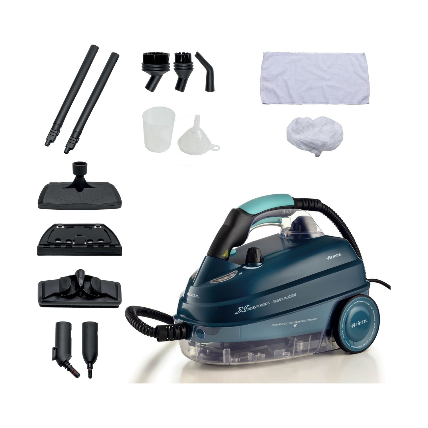 Un pulitore a vapore blu con vari accessori, tubi, spazzole, imbuto e panni disposti su sfondo bianco.