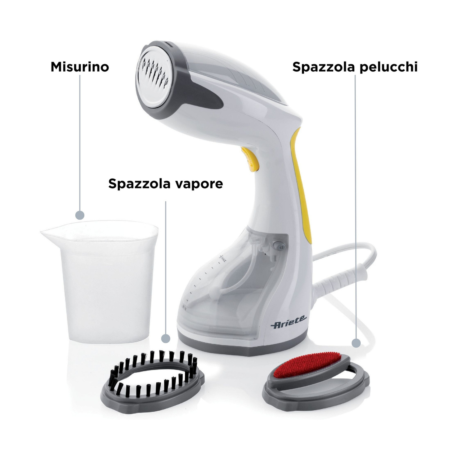 Spazzola a vapore verticale Ariete con misurino e due accessori su sfondo bianco.