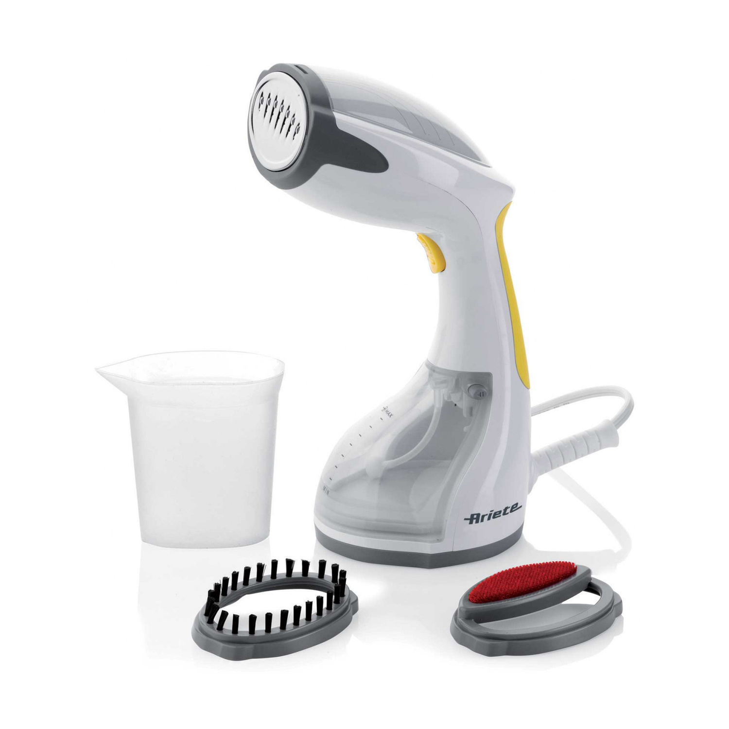 Stiratrice verticale portatile bianco e grigio con accessori e misurino su fondo bianco.