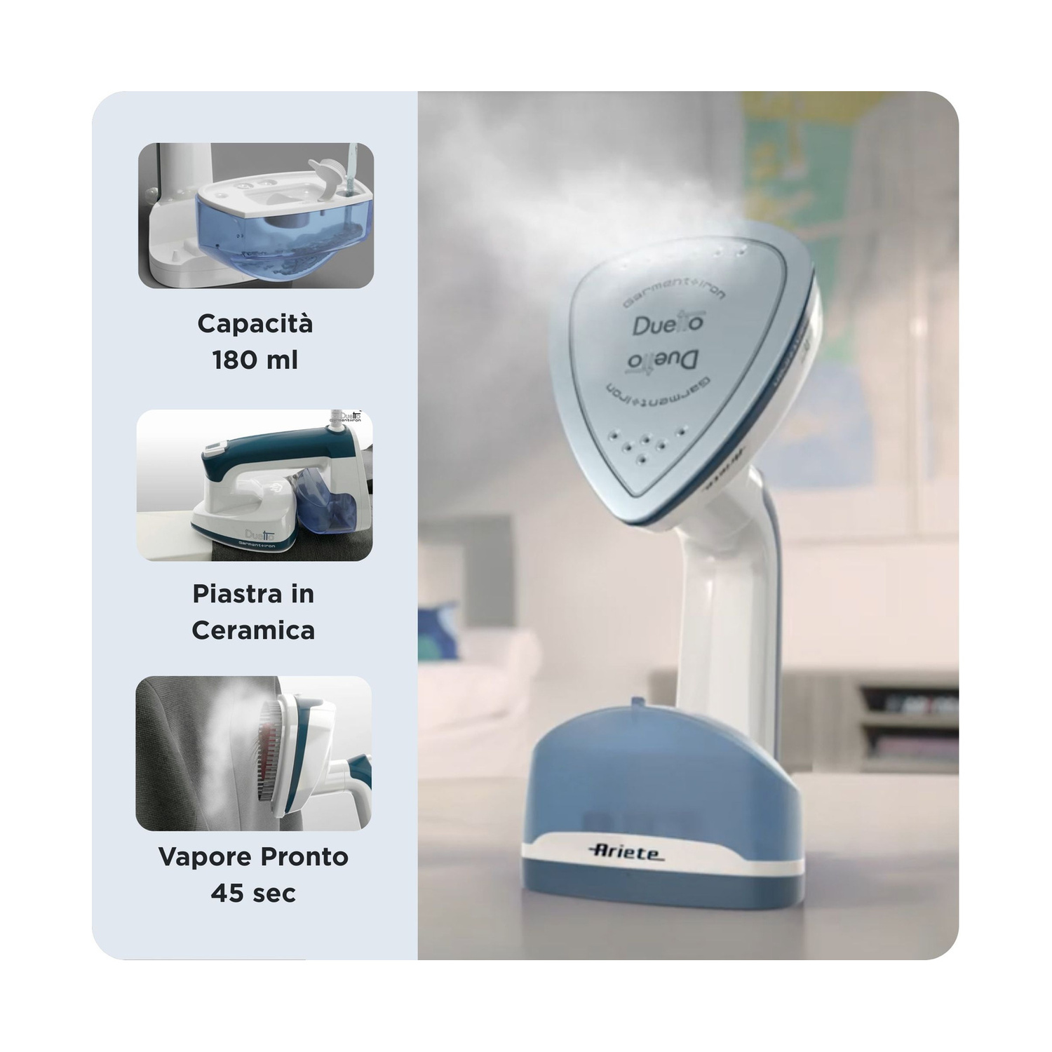 Stiratrice verticale blu Ariete con serbatoio, piastra in ceramica e pronto vapore in 45 secondi.