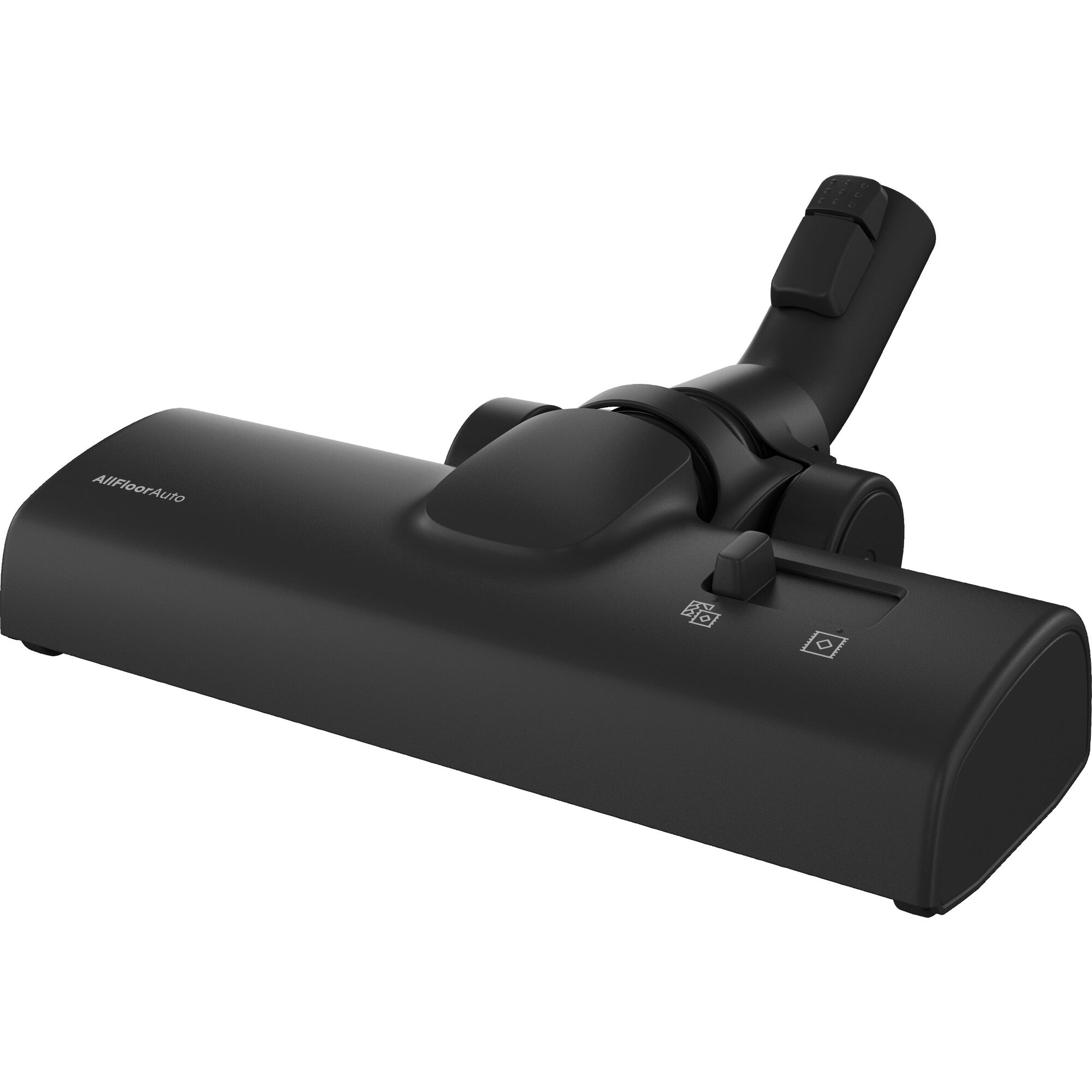 Schwarze Staubsaugerdüse mit Bodentyp-Umschalter auf weißem Hintergrund.