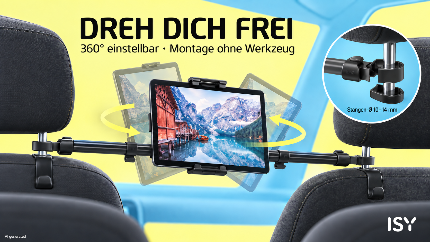 Verstellbare Auto-Tablet-Halterung an Kopfstützen, 360 Grad drehbar mit Landschaftsbild.