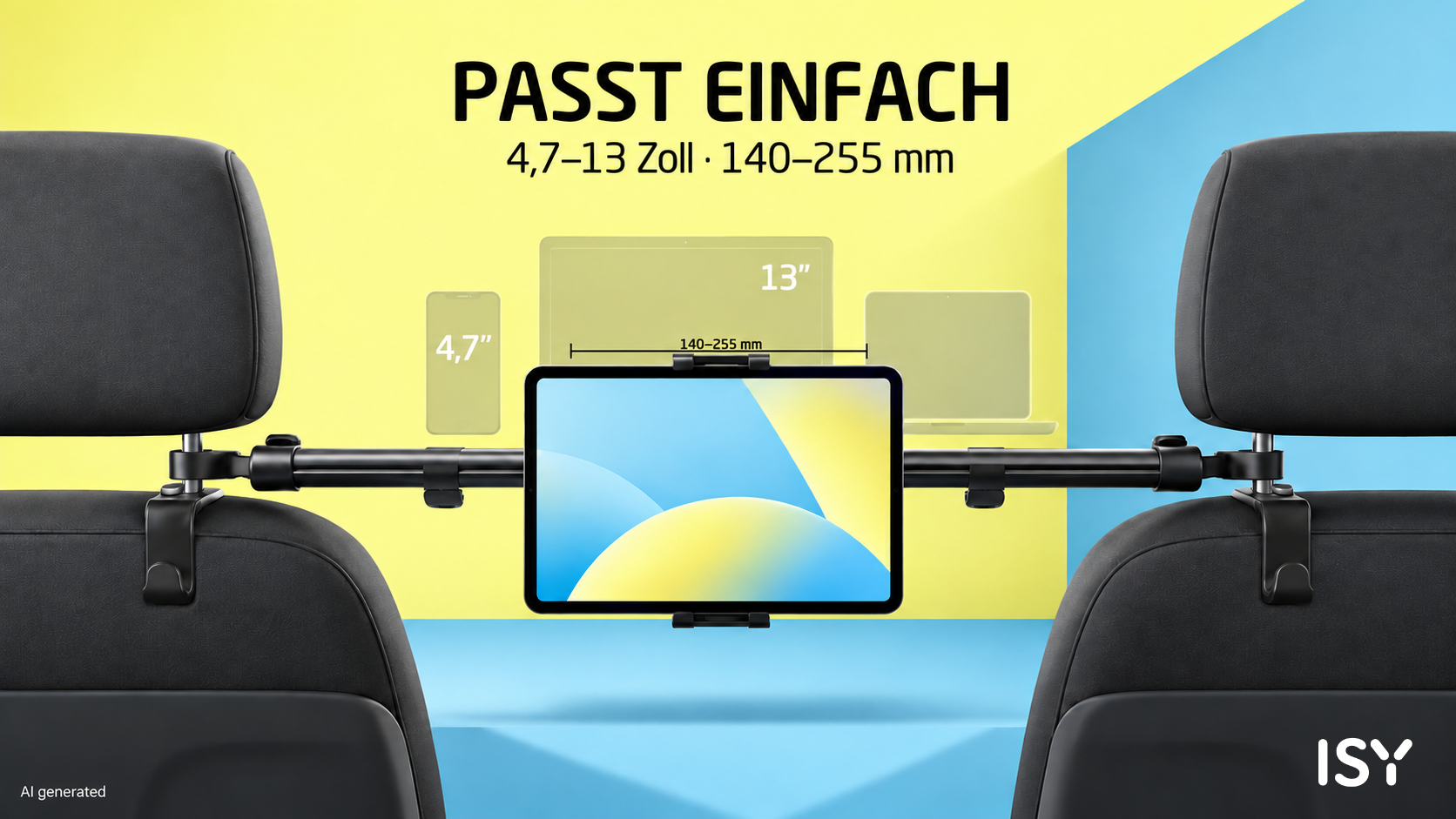 Ein Tablet ist an einer Kopfstützenhalterung im Auto befestigt, mit Größenangaben im Hintergrund.