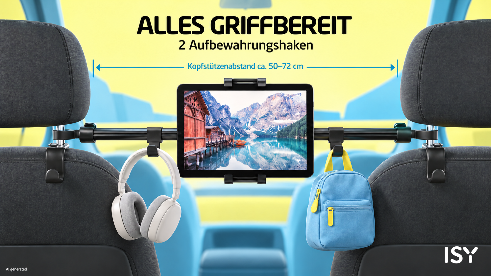 Autokopfstützenhalterung mit Tablet, Kopfhörern und Tasche.