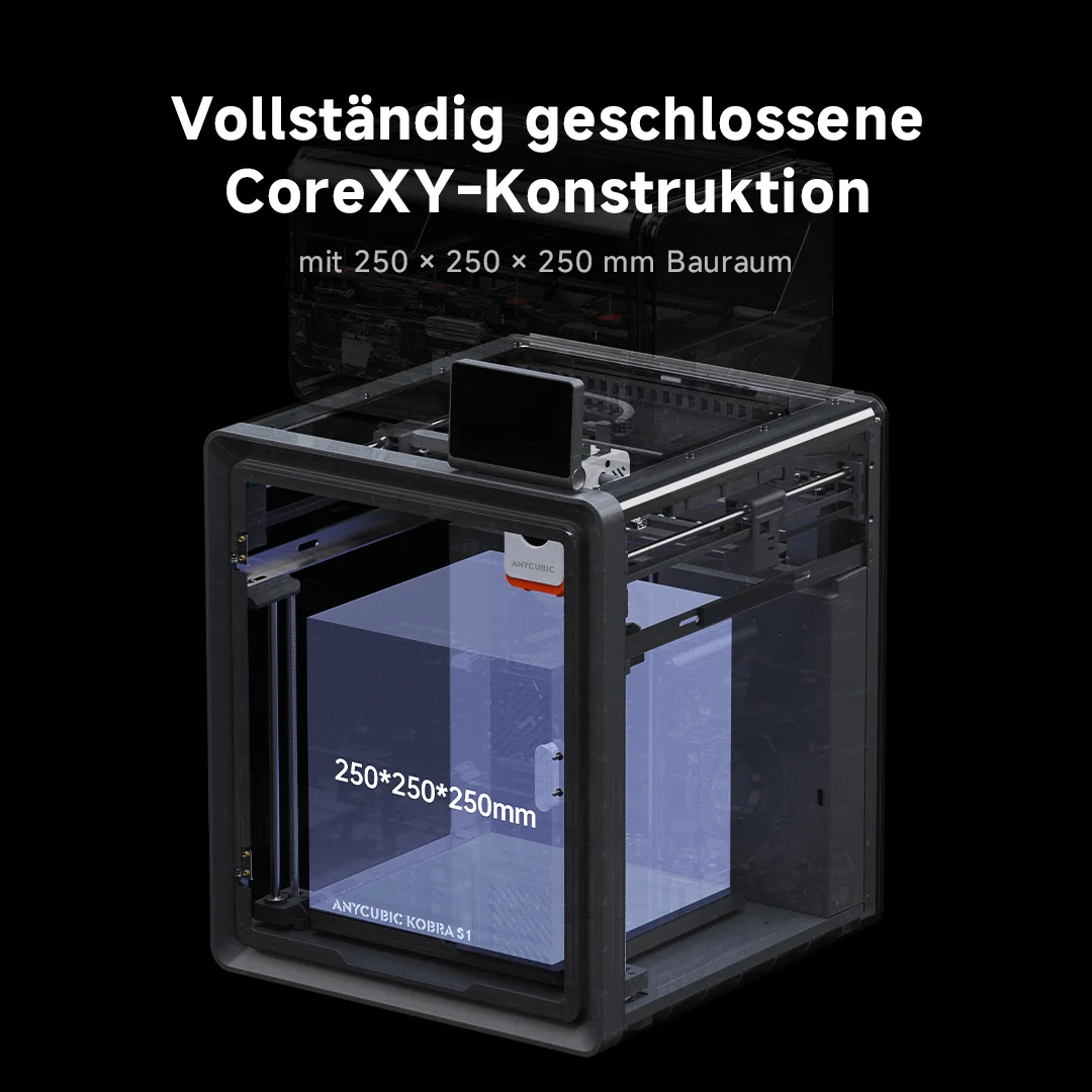 Zárt CoreXY 3D nyomtató 250x250x250 mm-es nyomtatási térfogattal.
