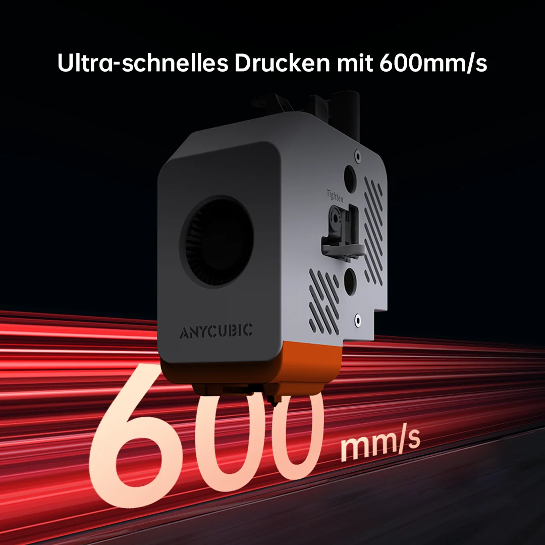 3D nyomtató fej fekete háttérrel, piros mozgási effekttel és 600 mm/s felirattal.