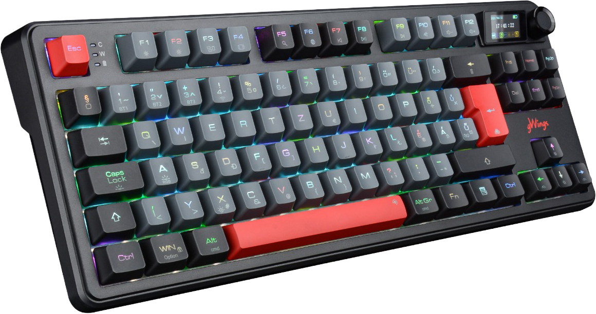 Fekete mechanikus billentyűzet RGB háttérvilágítással, piros kiemelőgombokkal, kis képernyővel és tekerőgombbal.