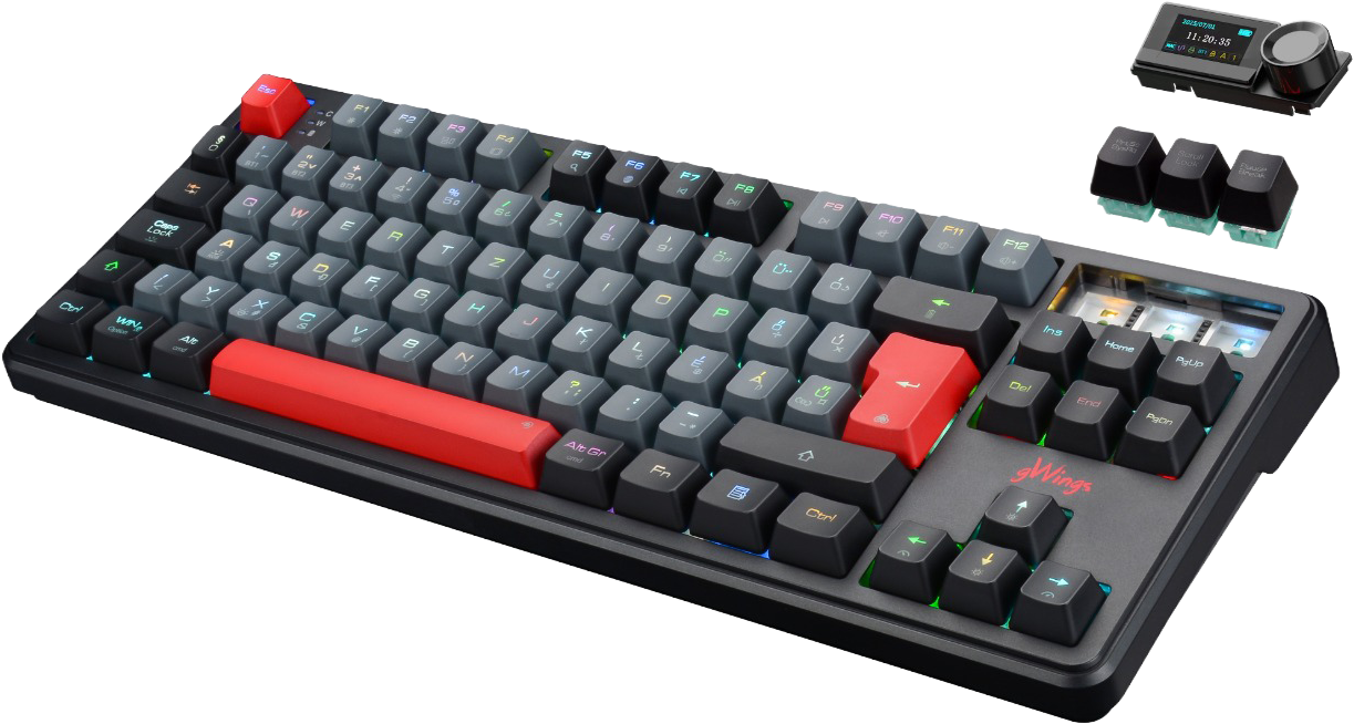 Fekete mechanikus billentyűzet piros részletekkel, RGB világítással, külön digitális kijelzővel és pótkulcsokkal.