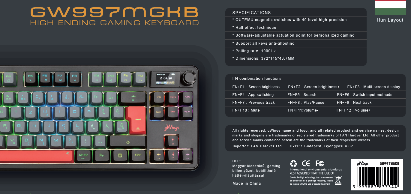 Fekete mechanikus gamer billentyűzet RGB világítással és specifikációkkal.