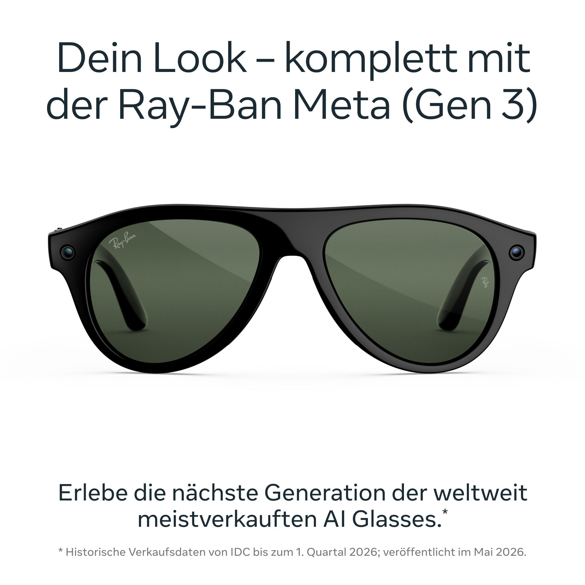 Schwarze Ray-Ban Meta AI-Brille mit getönten Gläsern vor weißem Hintergrund.