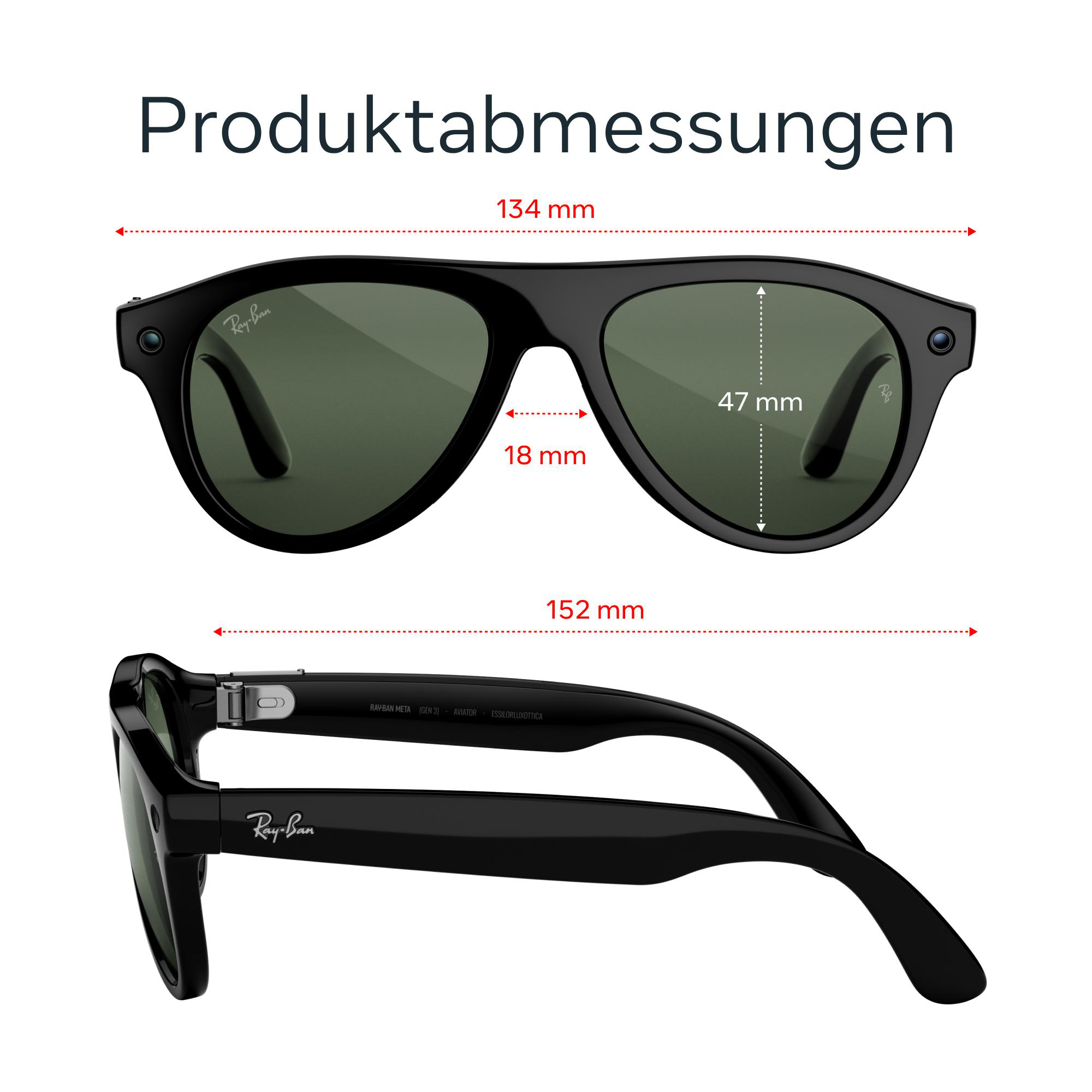 Technische Zeichnung mit Maßangaben für Ray-Ban Aviator Sonnenbrillen von vorne und der Seite.