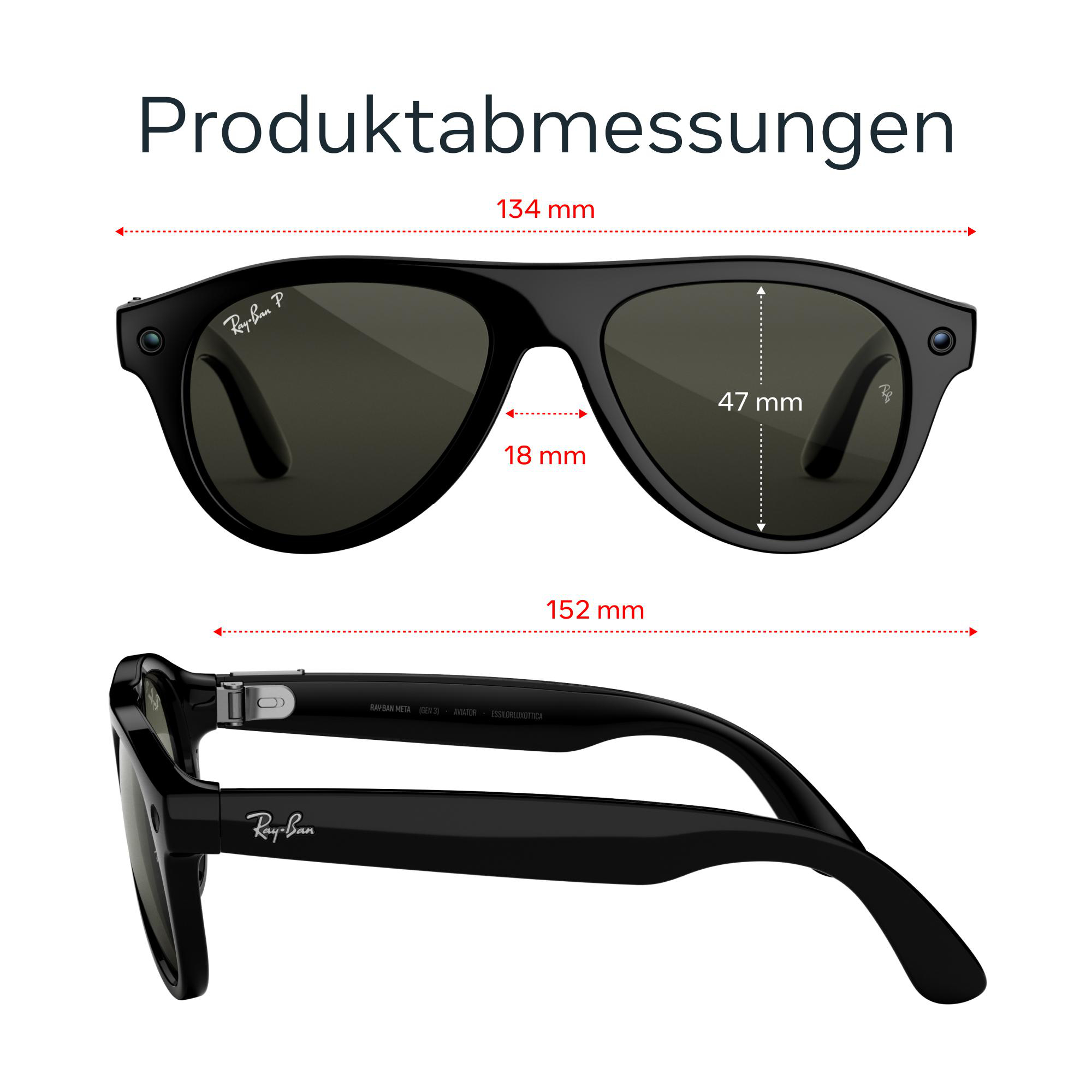 Diagramm zeigt die Abmessungen einer schwarzen Ray-Ban Sonnenbrille mit Maßen in Millimetern.