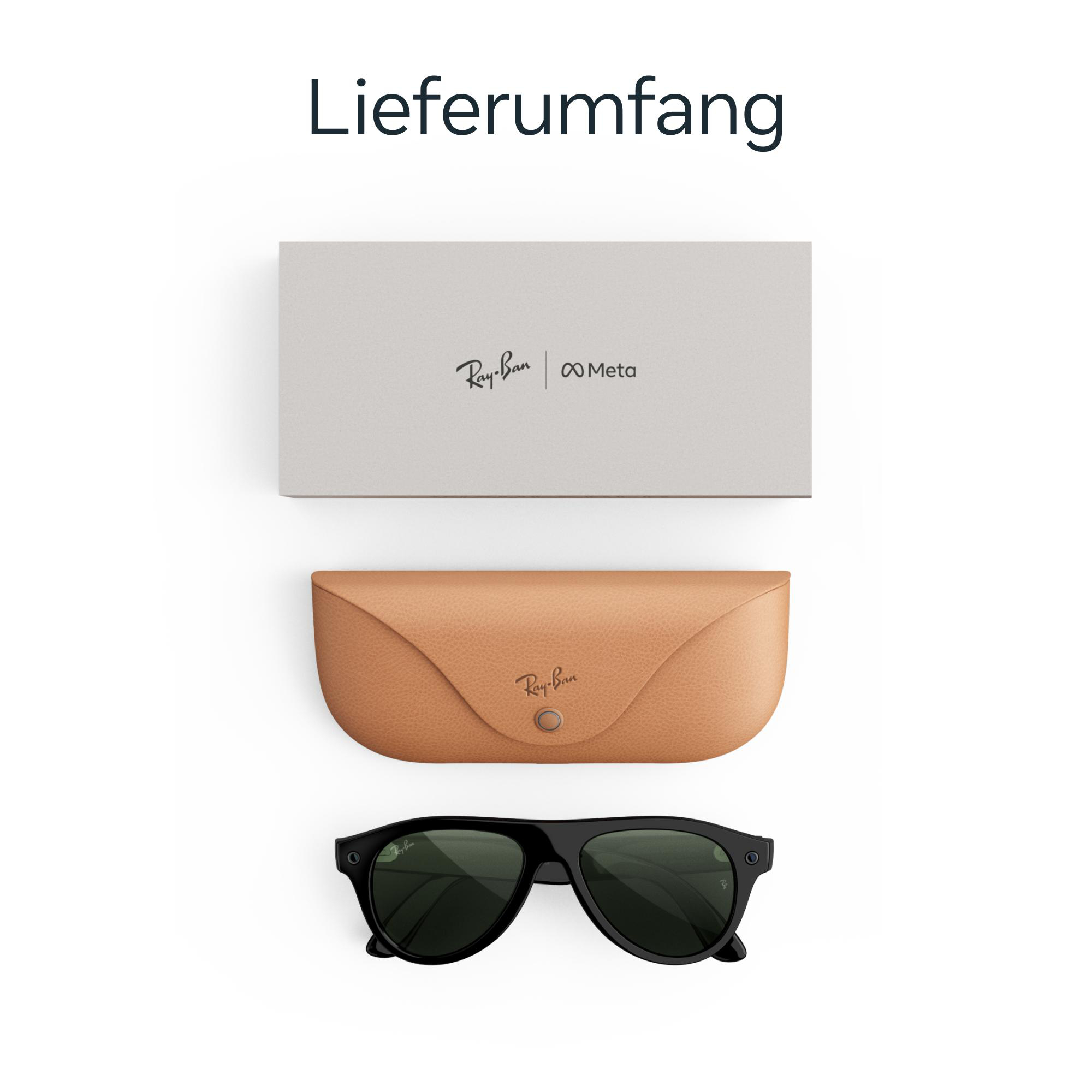 Lieferumfang mit Ray-Ban Meta Brille, hellbraunem Lederetui und grauer Verpackungsschachtel auf weißem Grund.