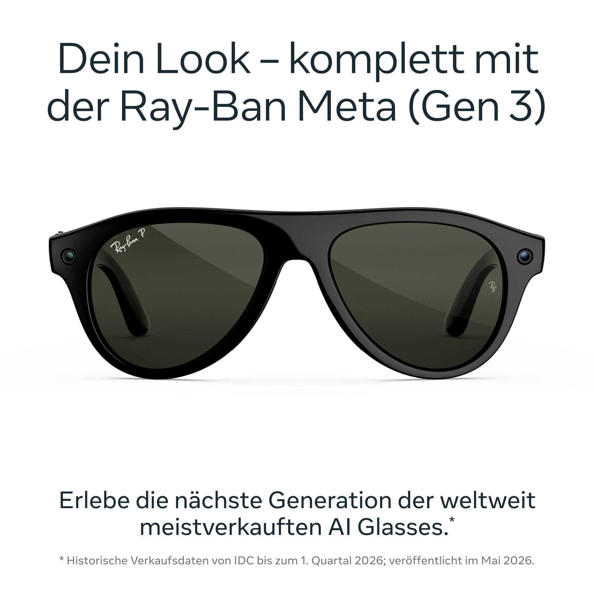 Schwarze Ray-Ban Meta AI-Sonnenbrille auf weißem Hintergrund mit Text darüber und darunter.