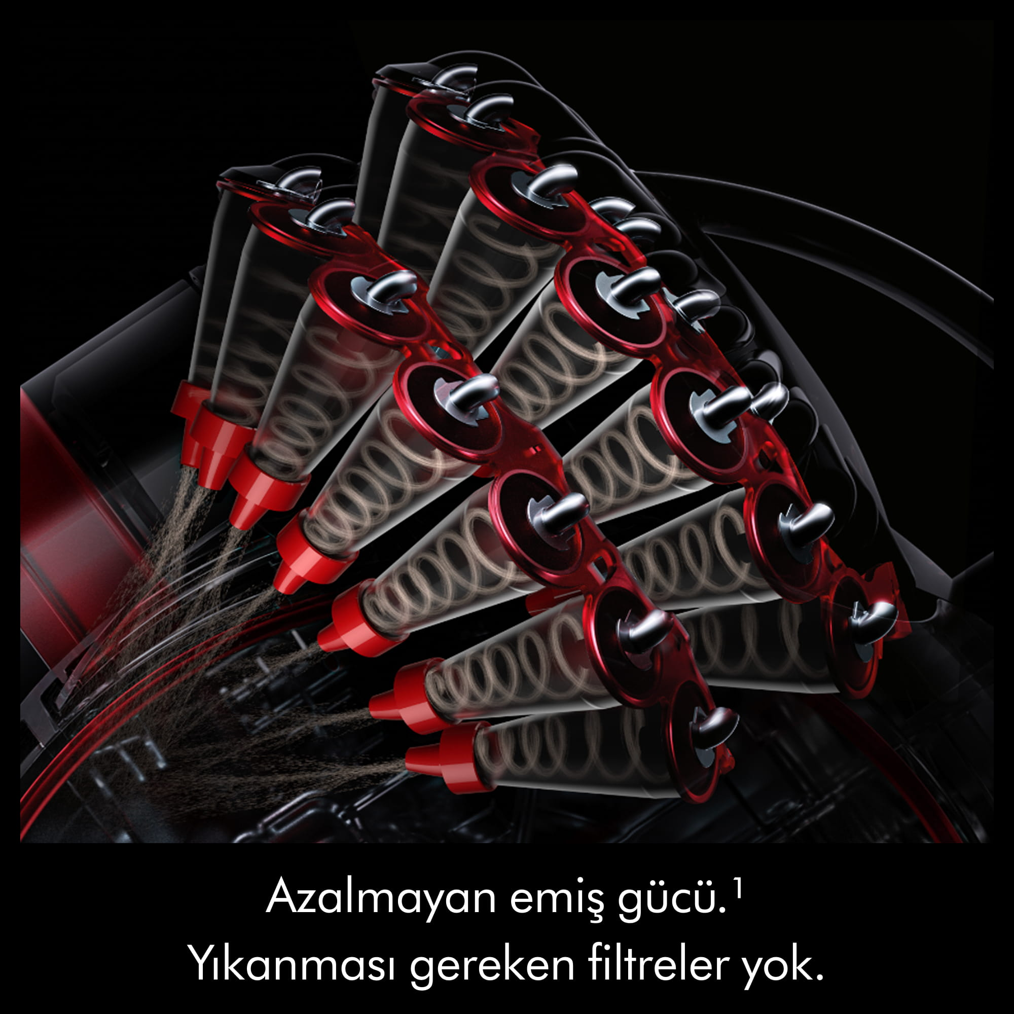 İnce tozu ayıran kırmızı ve siyah elektrikli süpürge siklonları.