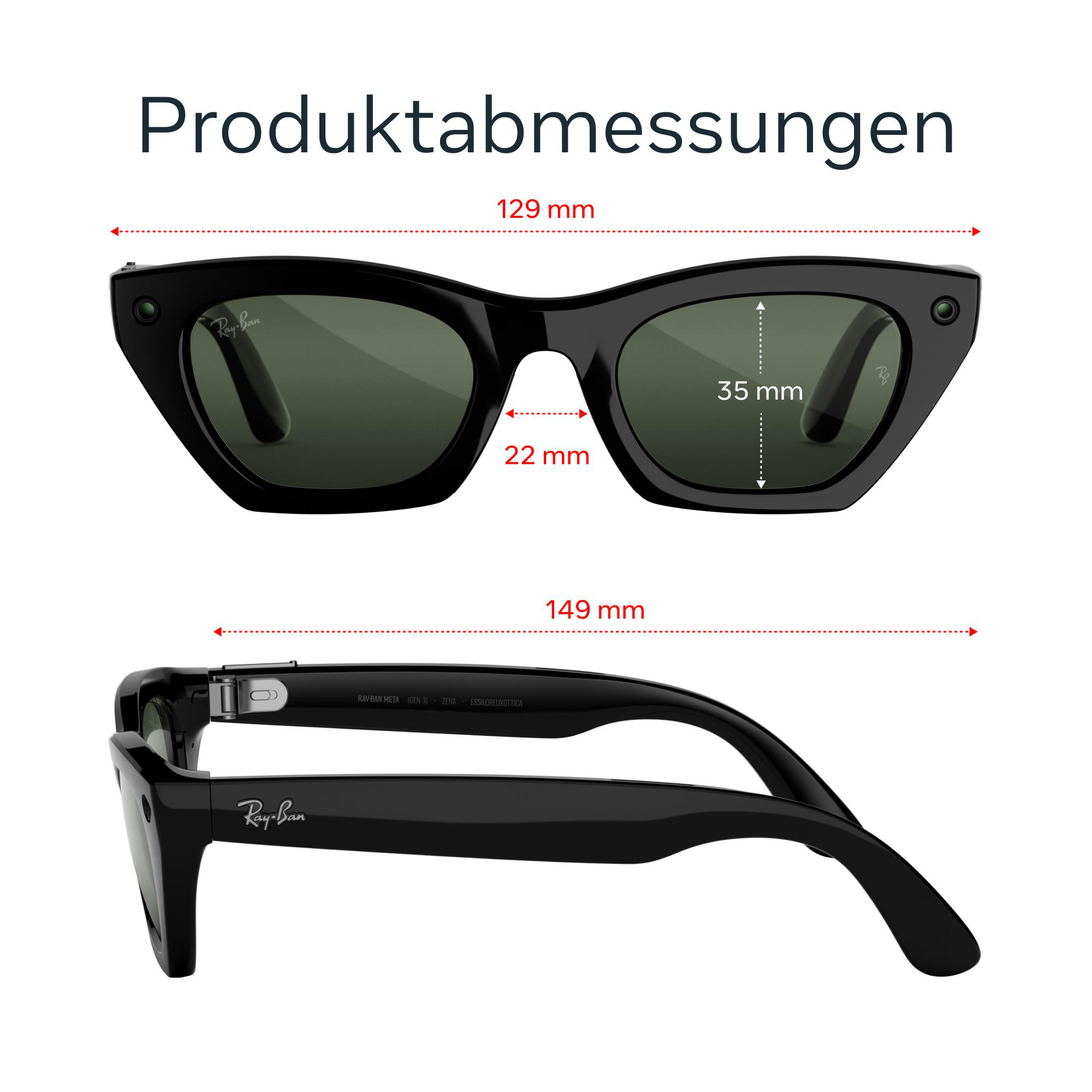Schwarze Ray-Ban Sonnenbrille mit Maßen: 129 mm Breite, 35 mm Glashöhe, 22 mm Stegbreite und 149 mm Bügellänge.