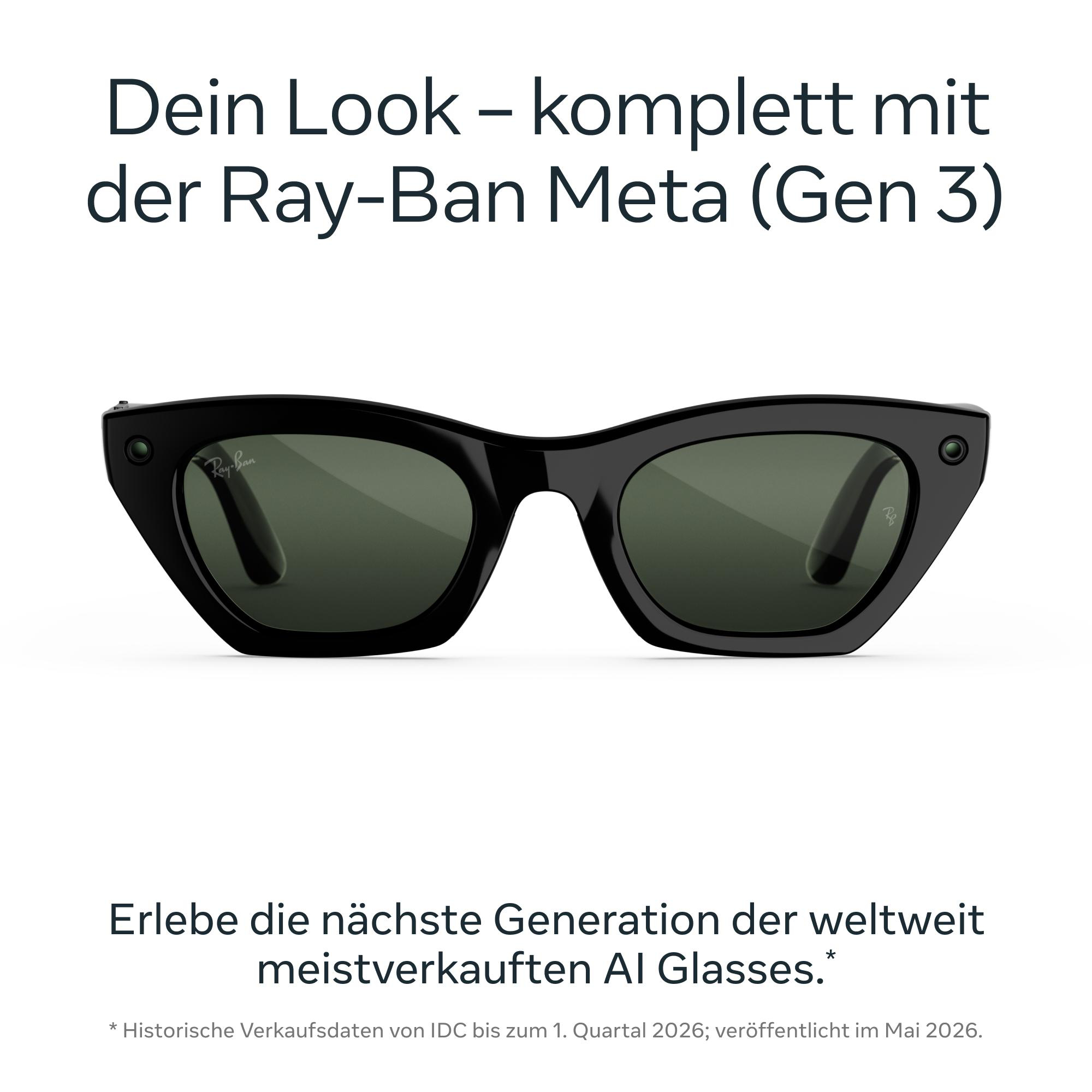 Schwarze Ray-Ban Meta Gen 3 Sonnenbrille mit schwarzem Gestell und dunklen Gläsern vor weißem Hintergrund mit Text.