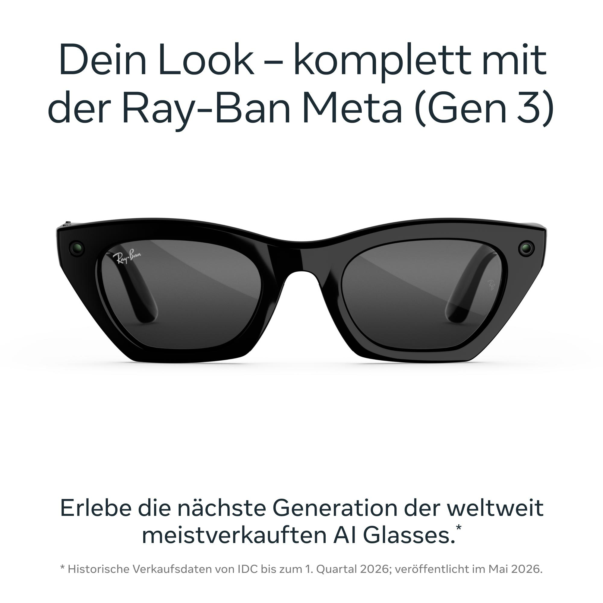 Schwarze Ray-Ban Meta Smart Glasses mit Kameras im Gestell und deutscher Werbetext.