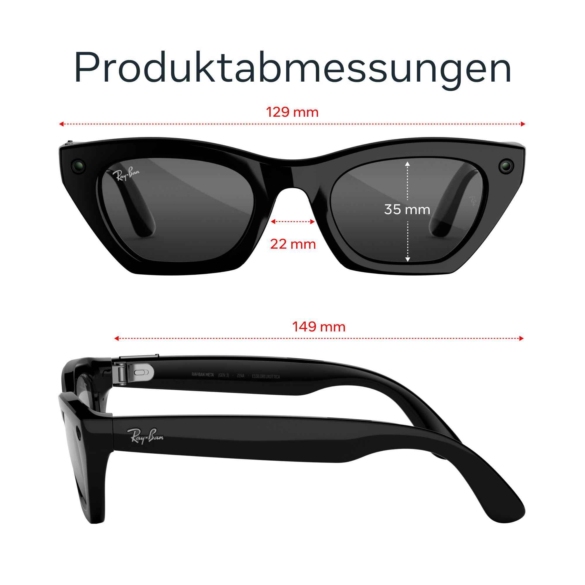 Technische Zeichnung der schwarzen Ray-Ban Meta Brille mit Front- und Seitenansicht sowie Maßangaben in Millimetern.