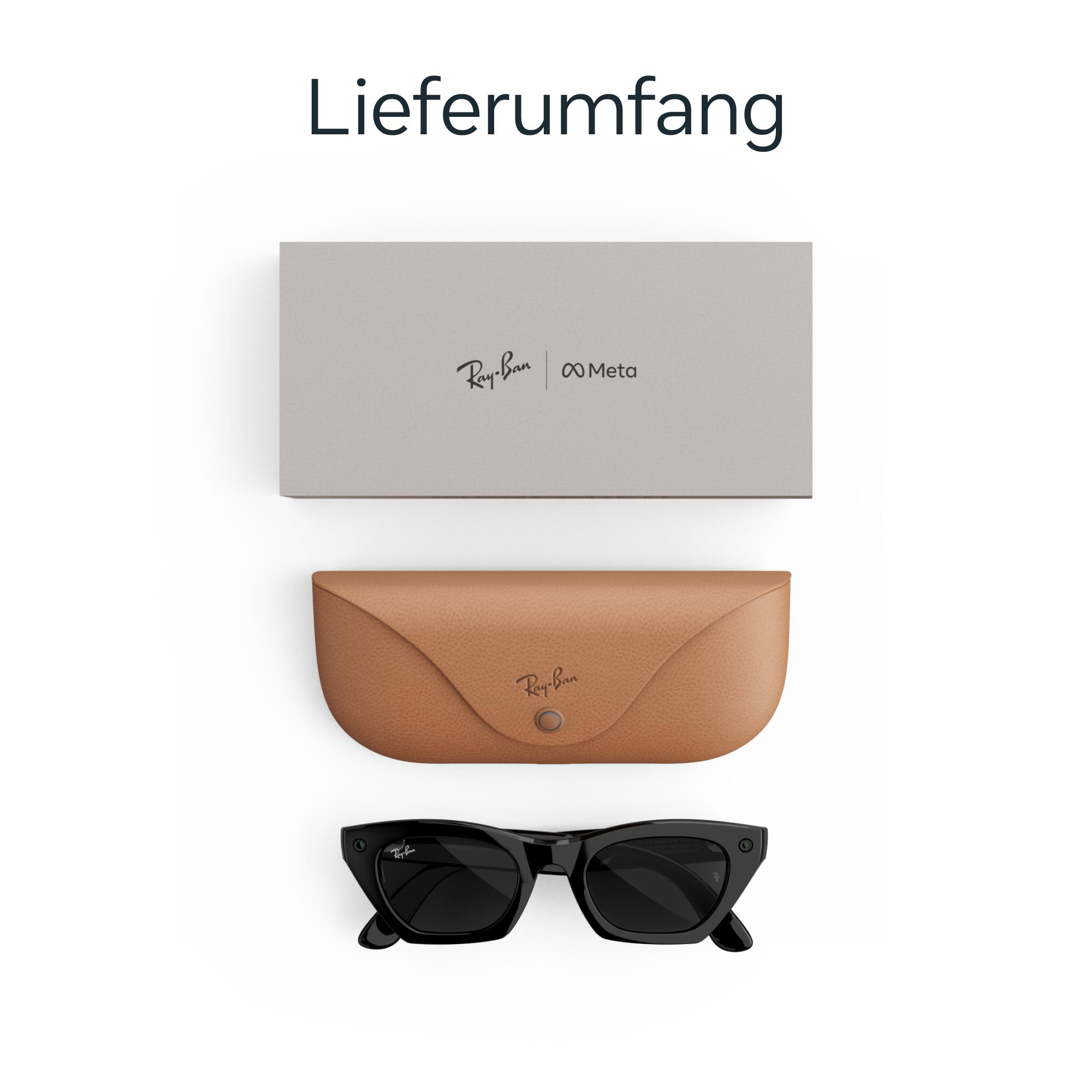 Lieferumfang: Graue Box, braunes Lederetui und schwarze Ray-Ban Meta Brille auf weißem Grund.