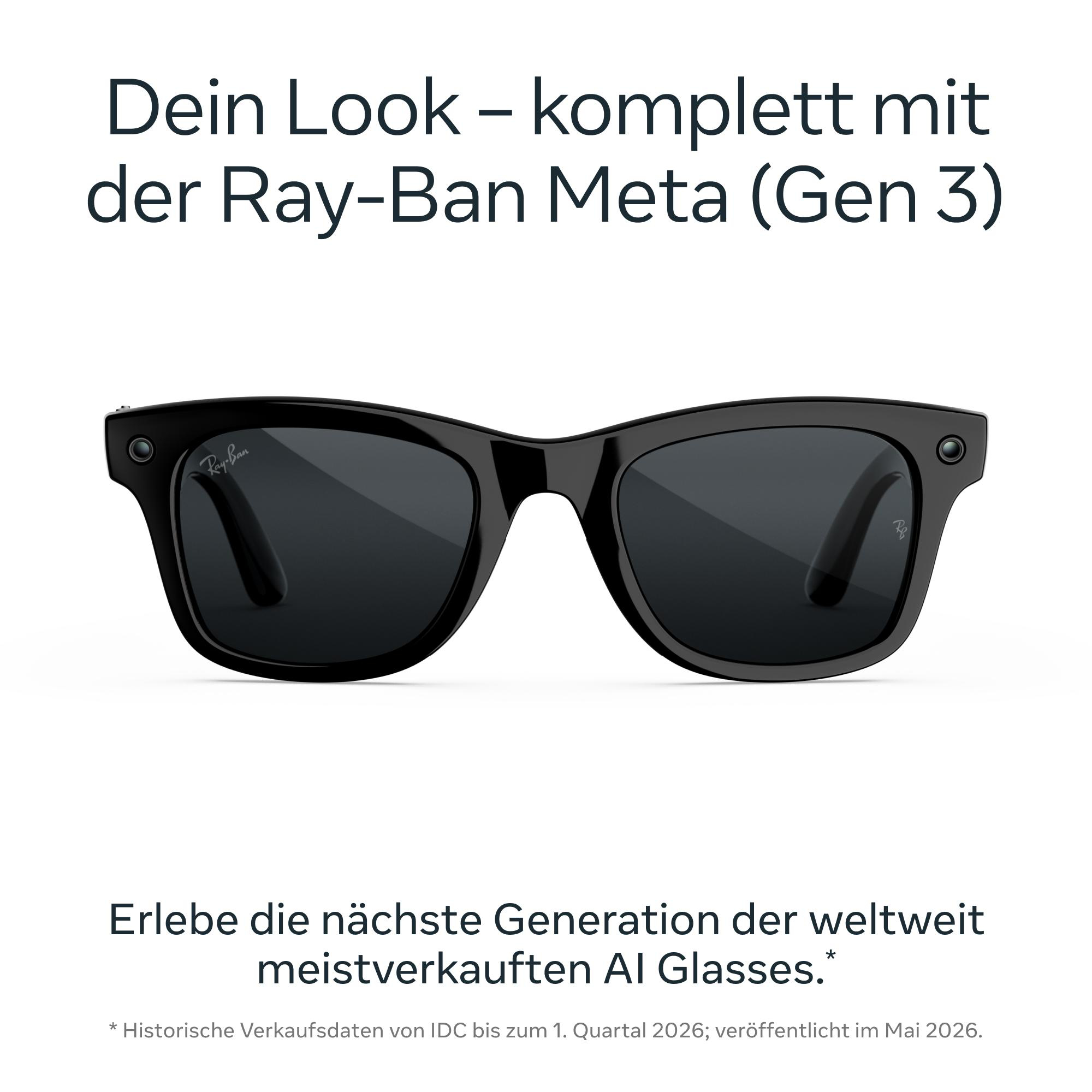 Schwarze Ray-Ban Meta Smart Glasses mit integrierten Kameras und Ray-Ban-Logo auf dem Glas.