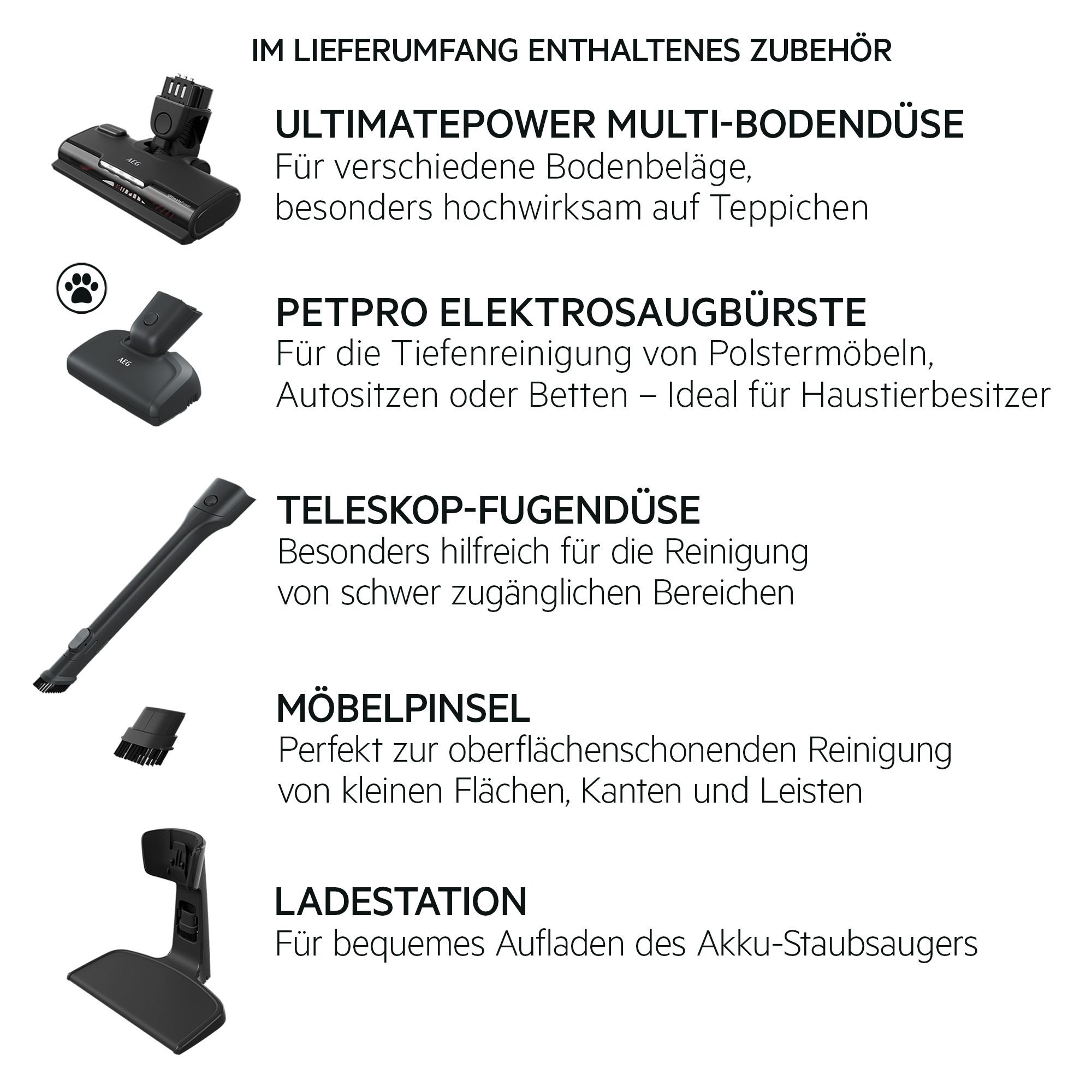 Übersicht des mitgelieferten Zubehörs für den AEG Staubsauger mit Bildern und Beschreibungen.