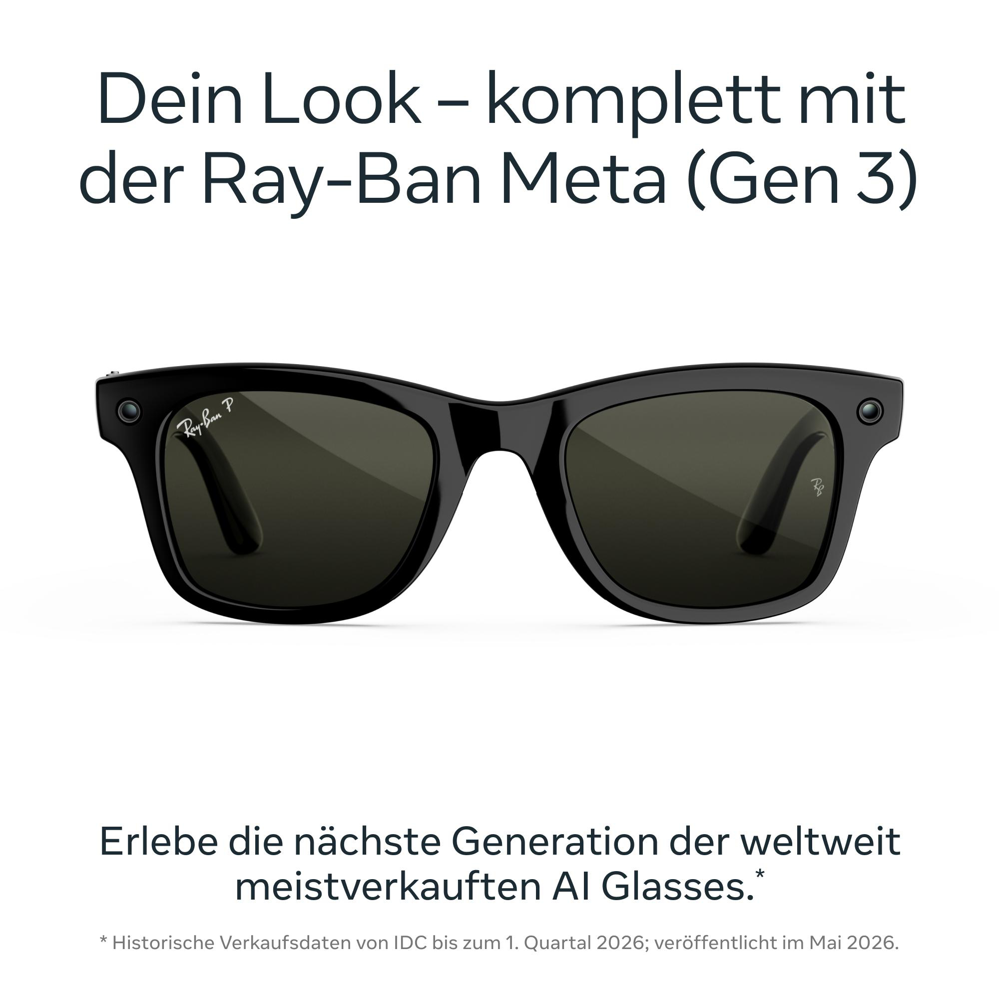 Schwarze Ray-Ban Meta Sonnenbrille mit dunklen Gläsern vor weißem Hintergrund, mit deutschem Werbetext oben und unten.